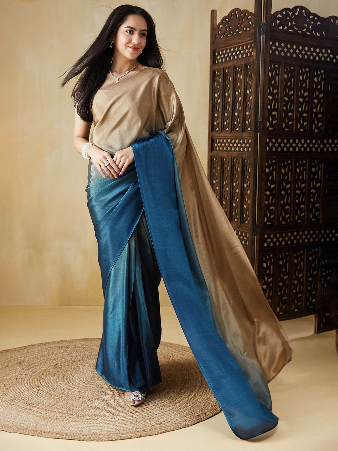 

RACHNA Ombre Satin Ready to Wear Saree, Blue