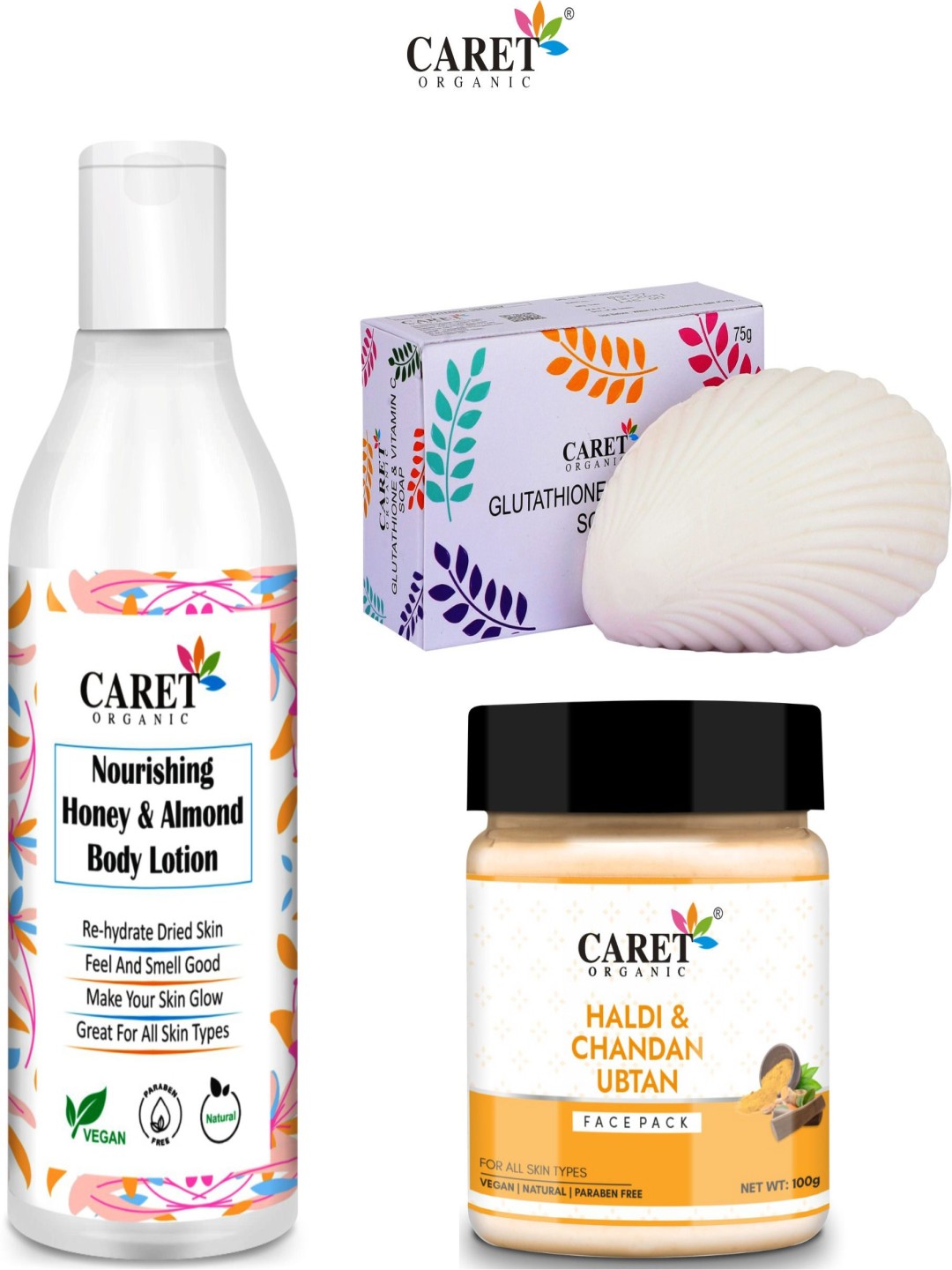 

CARET ORGANIC Set Of 3 Body Lotion- 250 ml- Ubtan Face Pack-100 g & Glutathione Soap-75 g, White