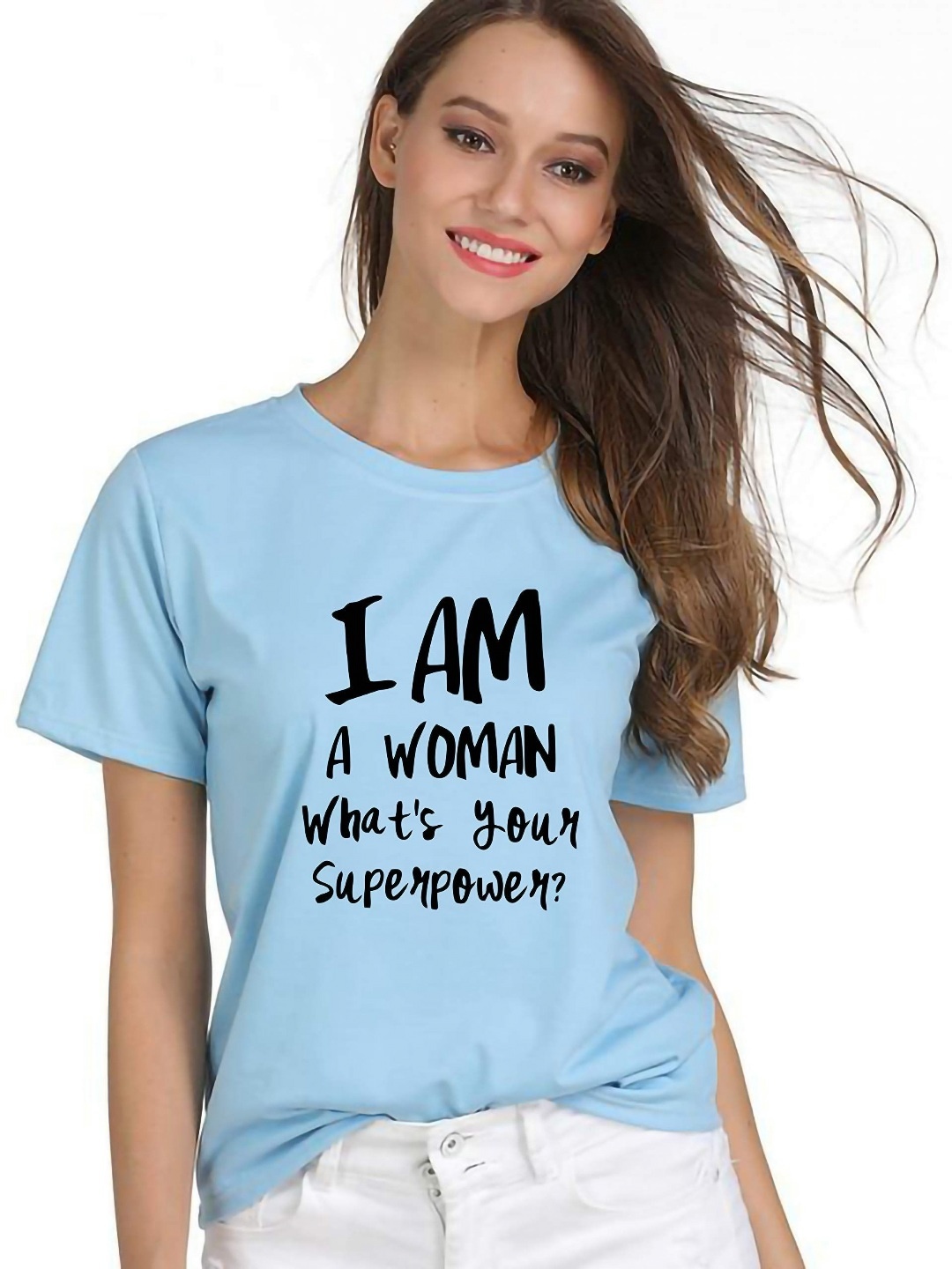 

VLAM Women Typography Printed Raw Edge T-shirt, Blue
