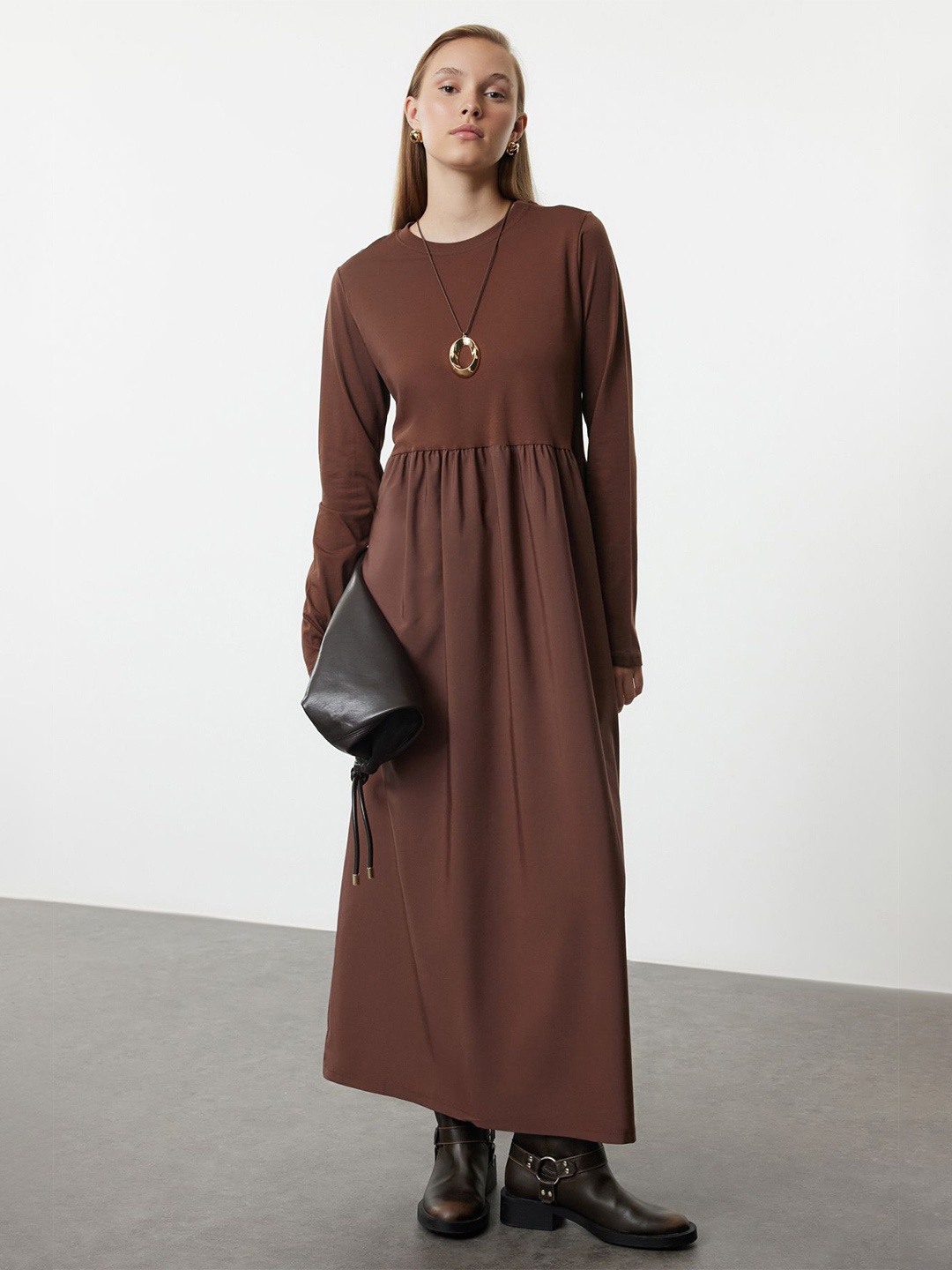 

Trendyol Round Neck Cotton Maxi Dress, Brown