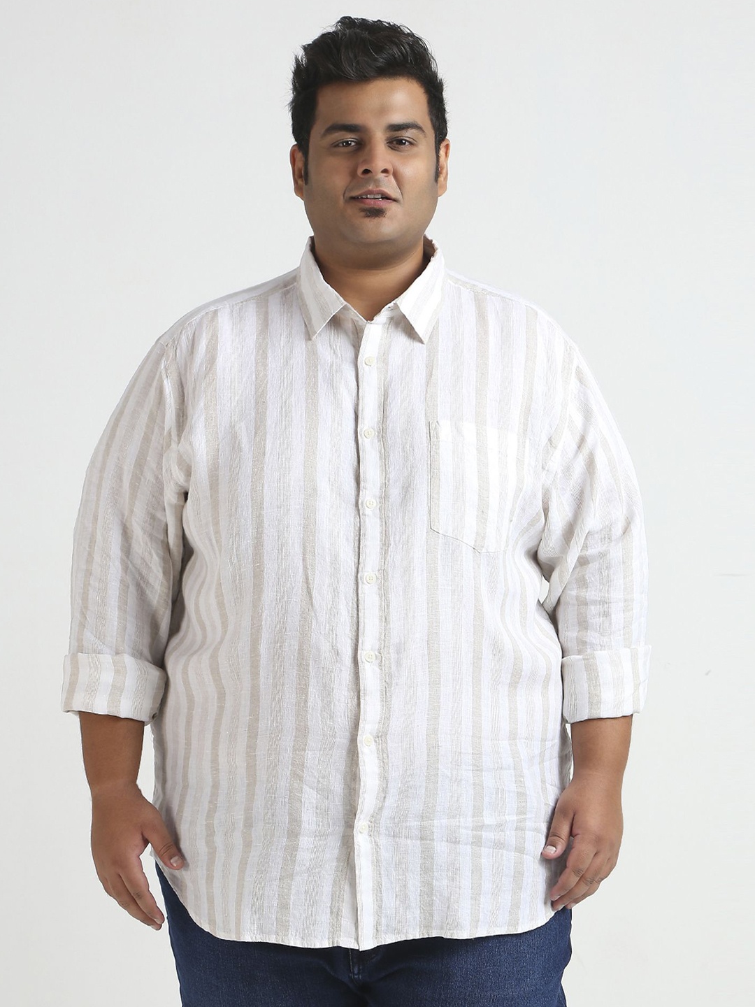 

Sizeupp Men Plus Size Standard Oversized Fit Vertical Striped Linen Casual Shirt, White