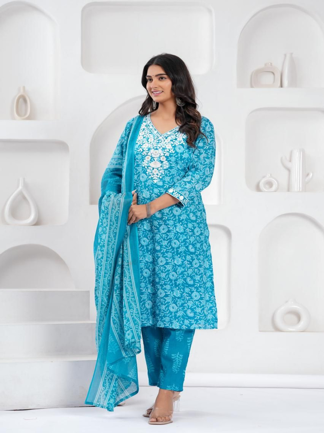 

ETHNIC VILLAA Floral Printed Chikankari Pure Cotton Straight Kurta With Trousers & Dupatta, Turquoise blue