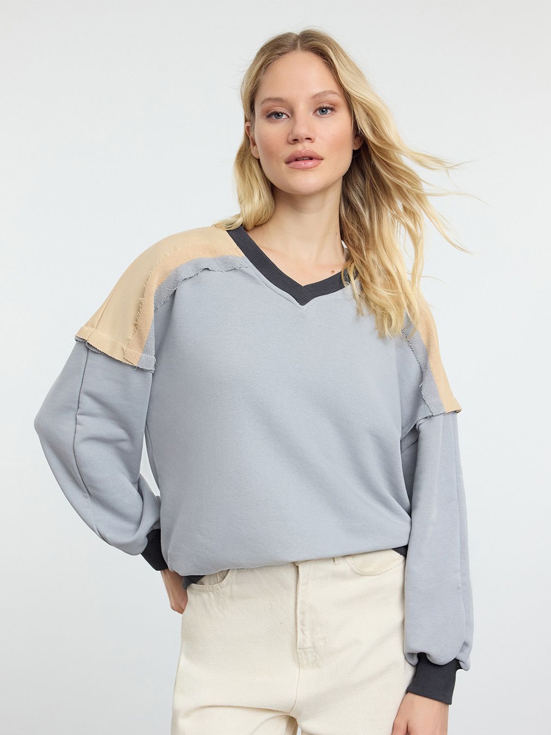 

Trendyol Women Colourblocked Sweatshirt, Grey