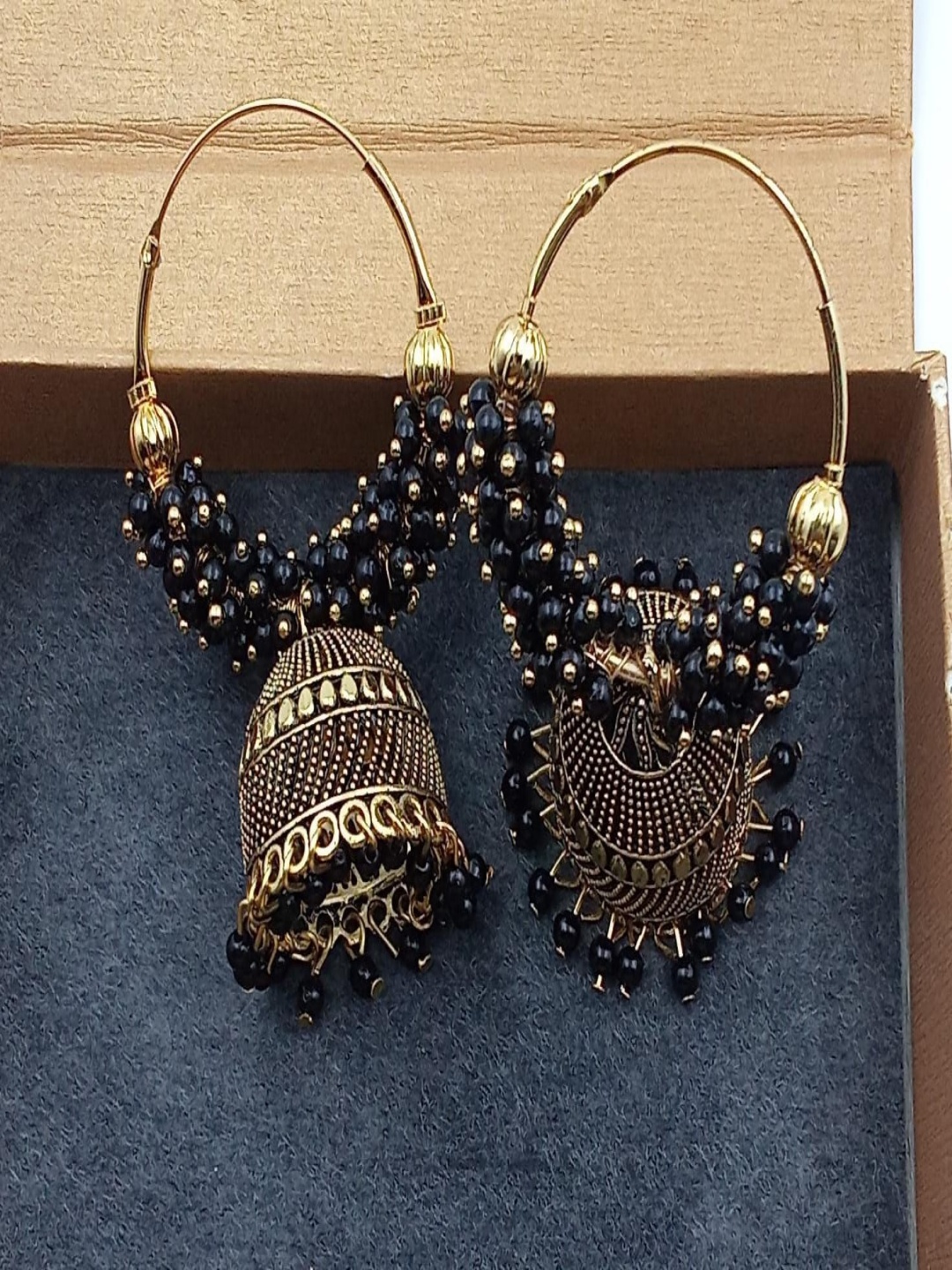 

JMBW INTERNATIONAL Set Of 2 Gold-Plated Artificial Beaded Dome Shaped Oxidised Jhumkas