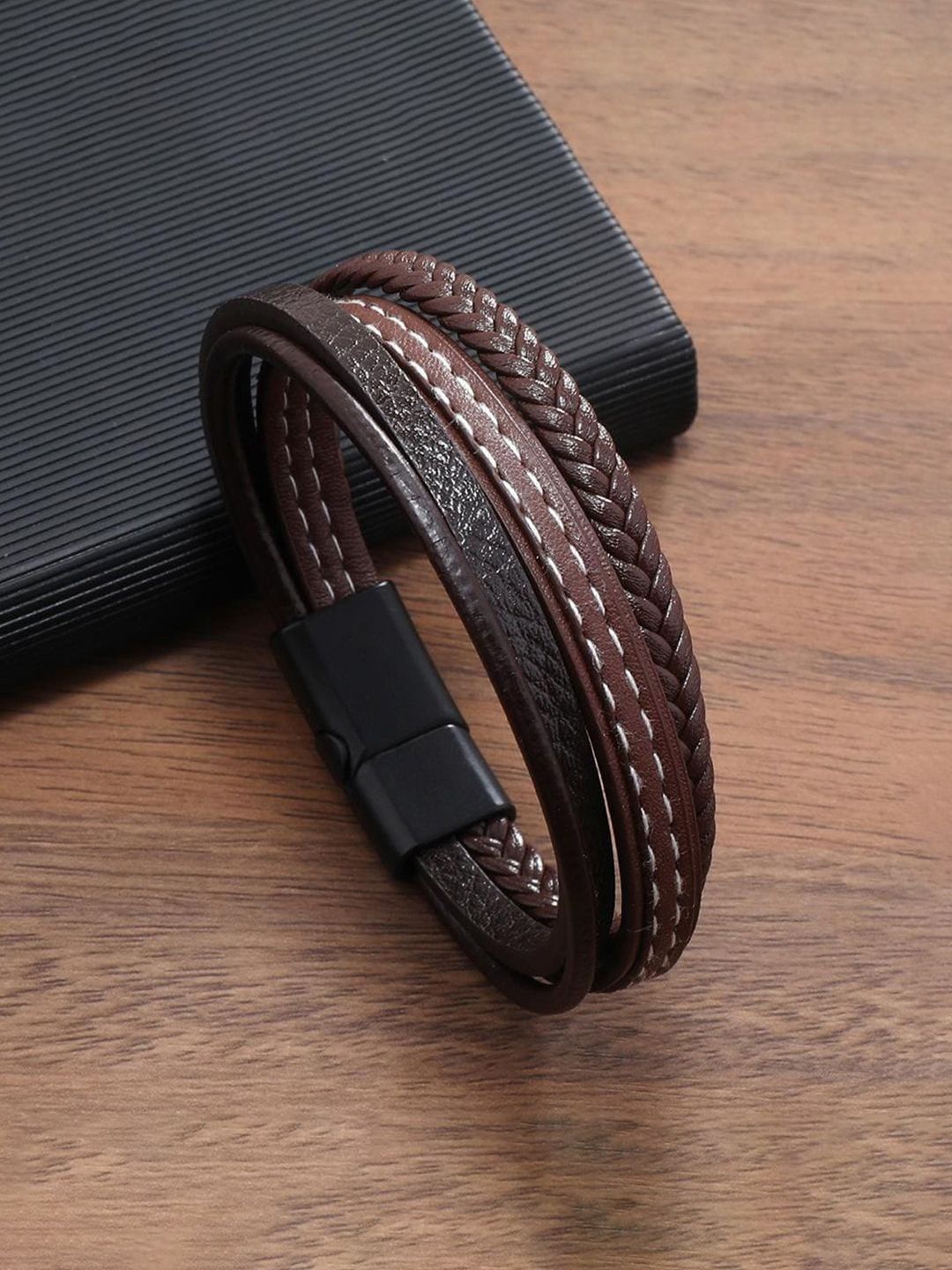 

Jewels Galaxy Men Leather Silver-Plated Wraparound Bracelet