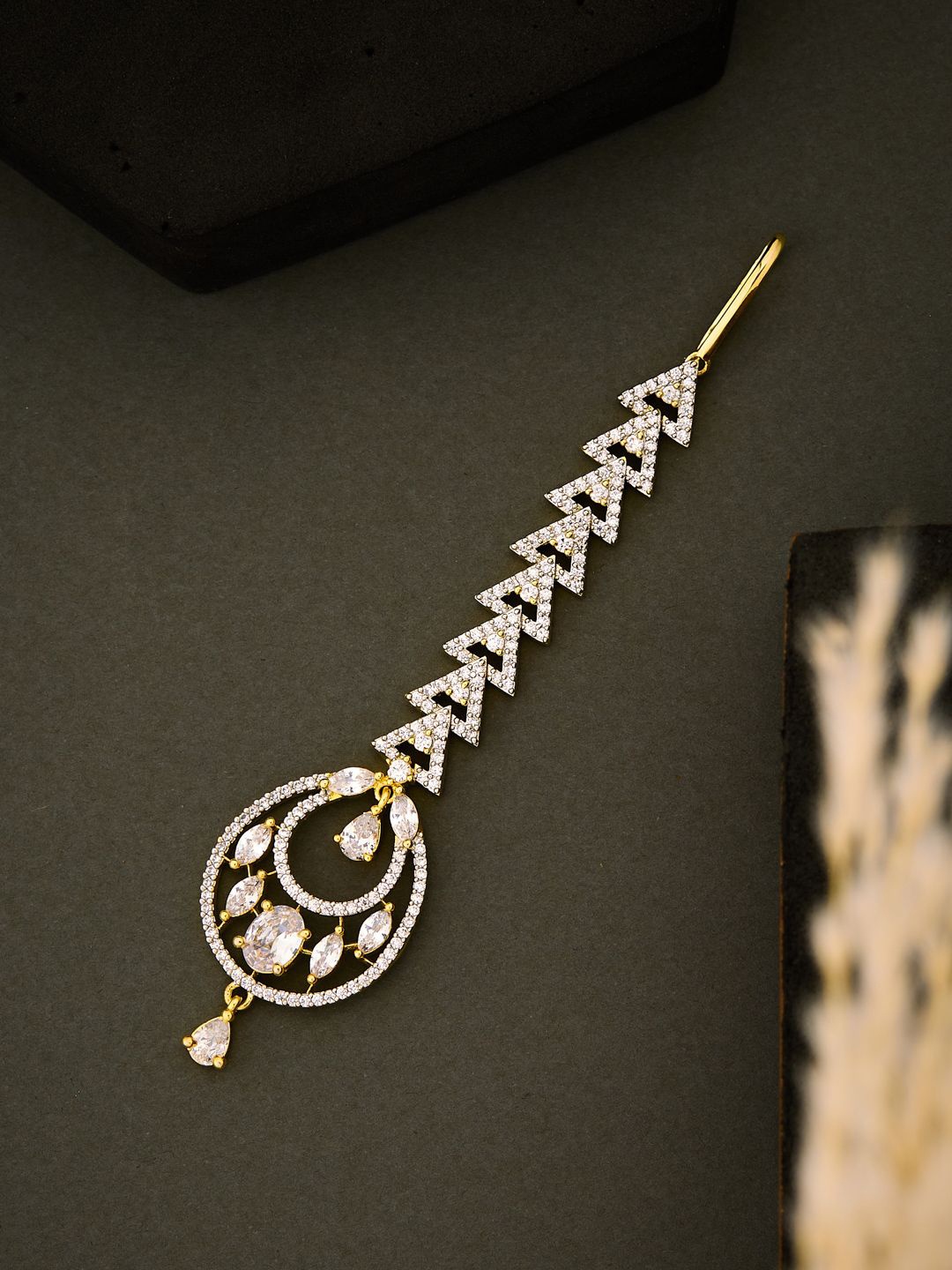 

ATIBELLE Gold-Plated American Diamond Studded Maang Tikka Head Jewellery