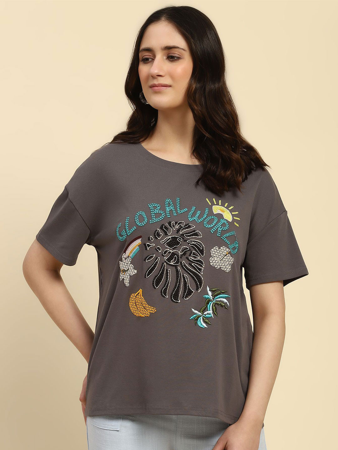 

Global Republic Embroidered Cotton Tshirts, Grey