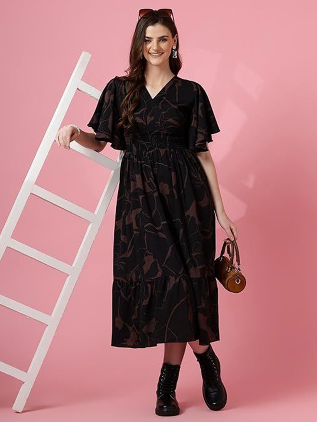 

Urban Komfort Printed Flared Sleeve Smocked Crepe Fit & Flare Dress, Black