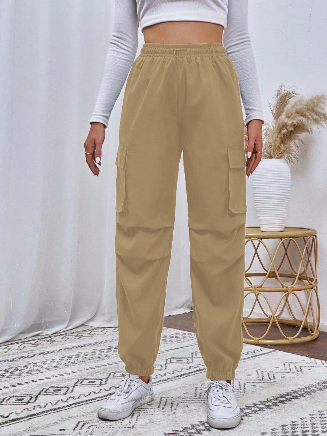 

SHINE N SHOW Women High Waist with Pockets Relaxed Cotton Cargos Trousers, Beige