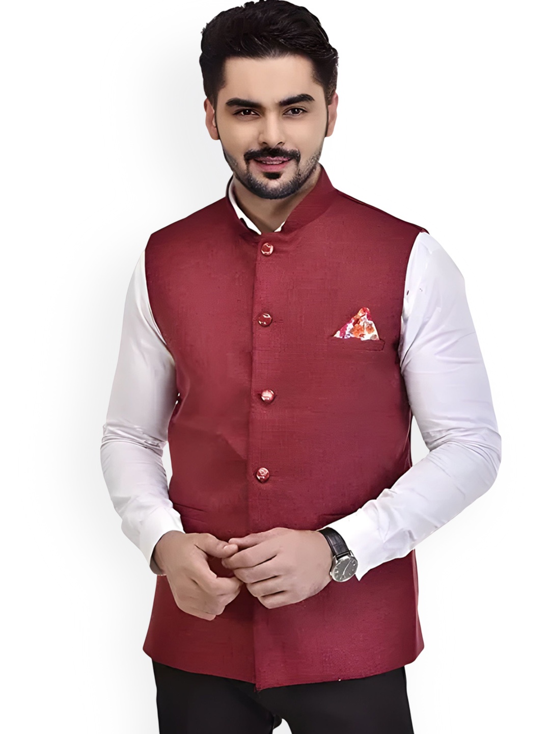 

Eliq Jute Cotton Mandarin Collar Nehru Jacket, Maroon