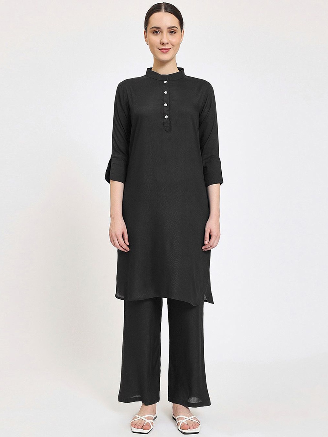 

Thevasa Mandarin Collar Pure Cotton Straight Tunic And Trouser, Black