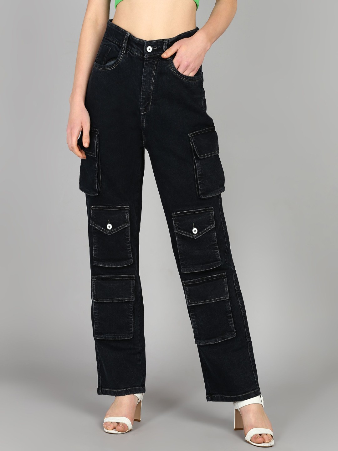 

Glossia Nova Women Comfort Wide Leg High-Rise Acid Wash Stretchable Cargo Jeans, Black