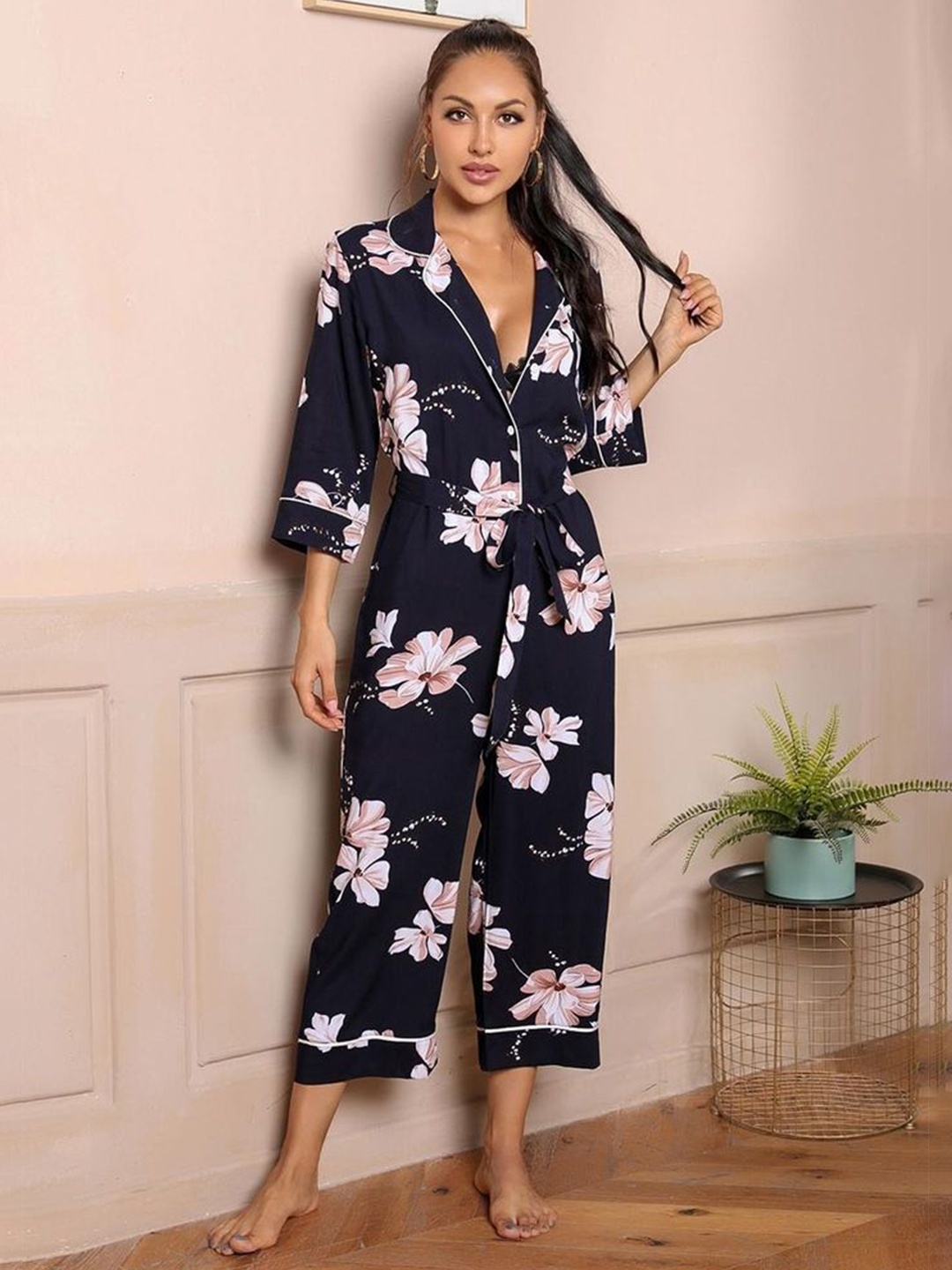 

LULU & SKY Floral Printed Nightdress, Navy blue