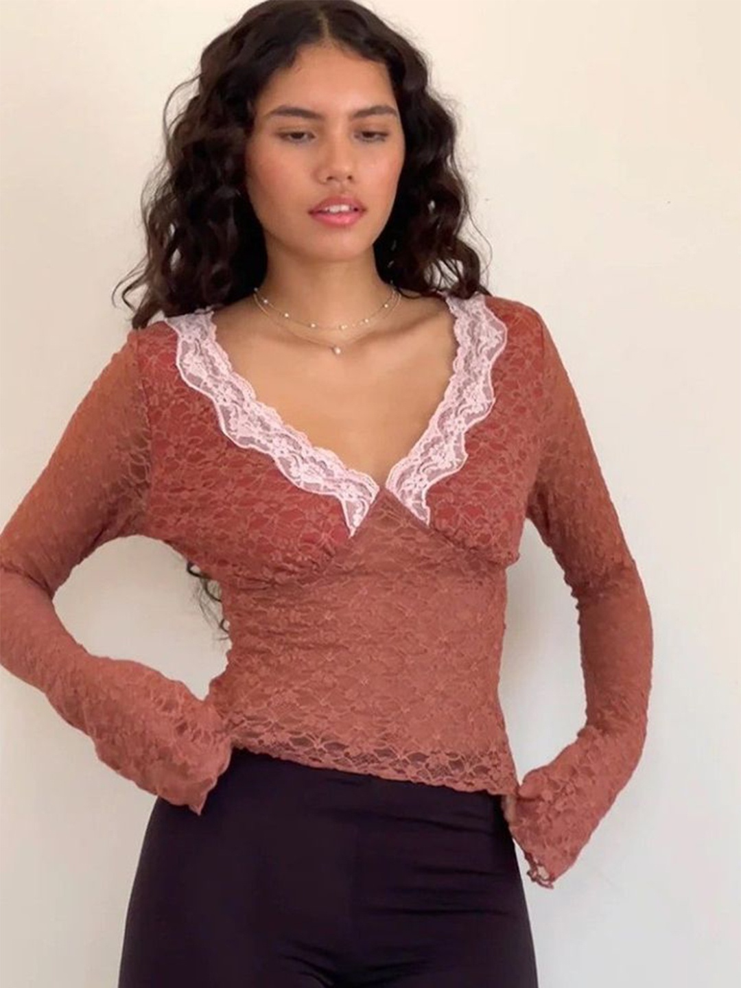 

LULU & SKY V-neck Lace Top, Brown