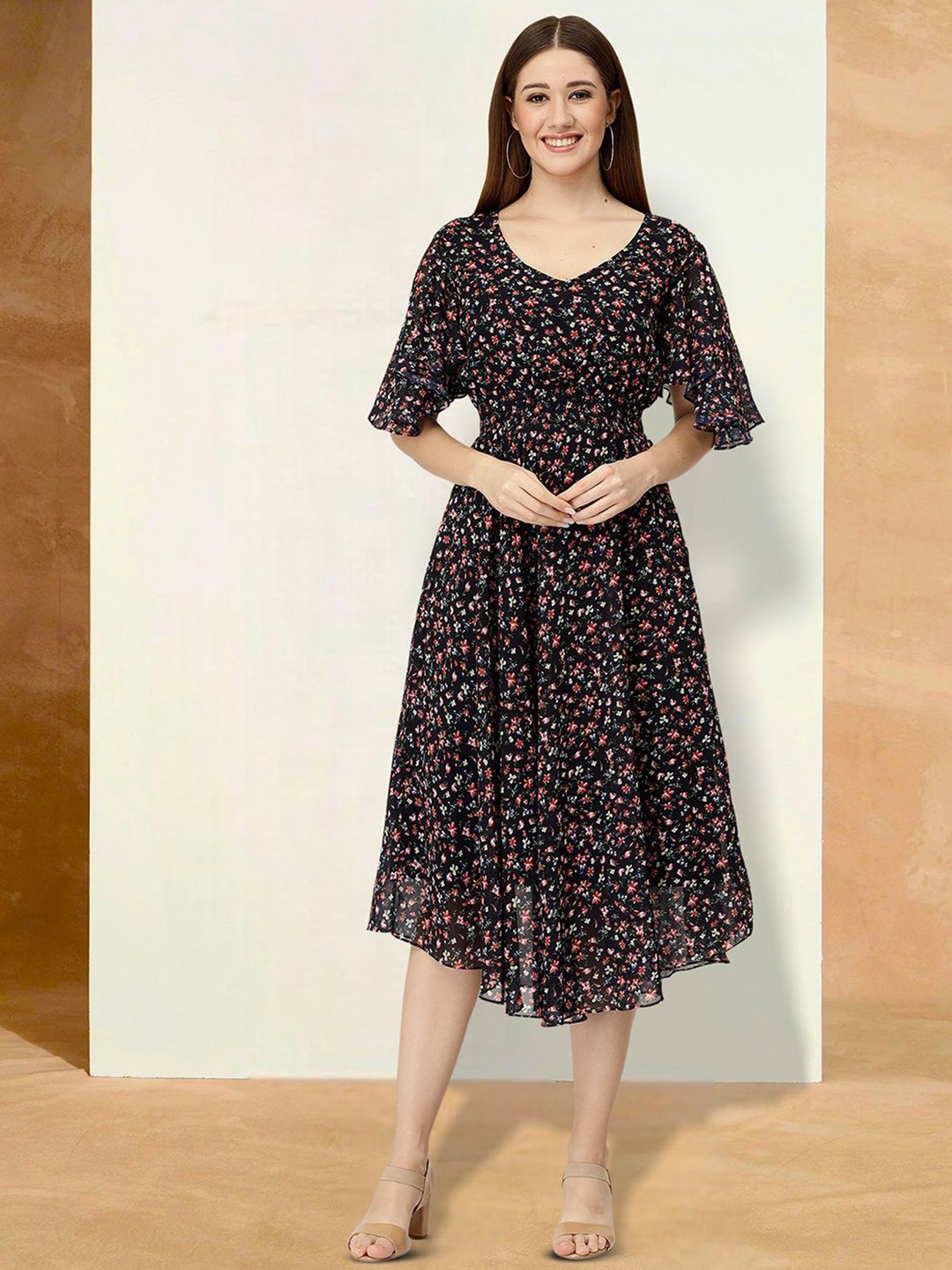 

BAESD Floral Printed V-Neck Flutter Sleeves Cotton Fit & Flare Midi Dress, Black