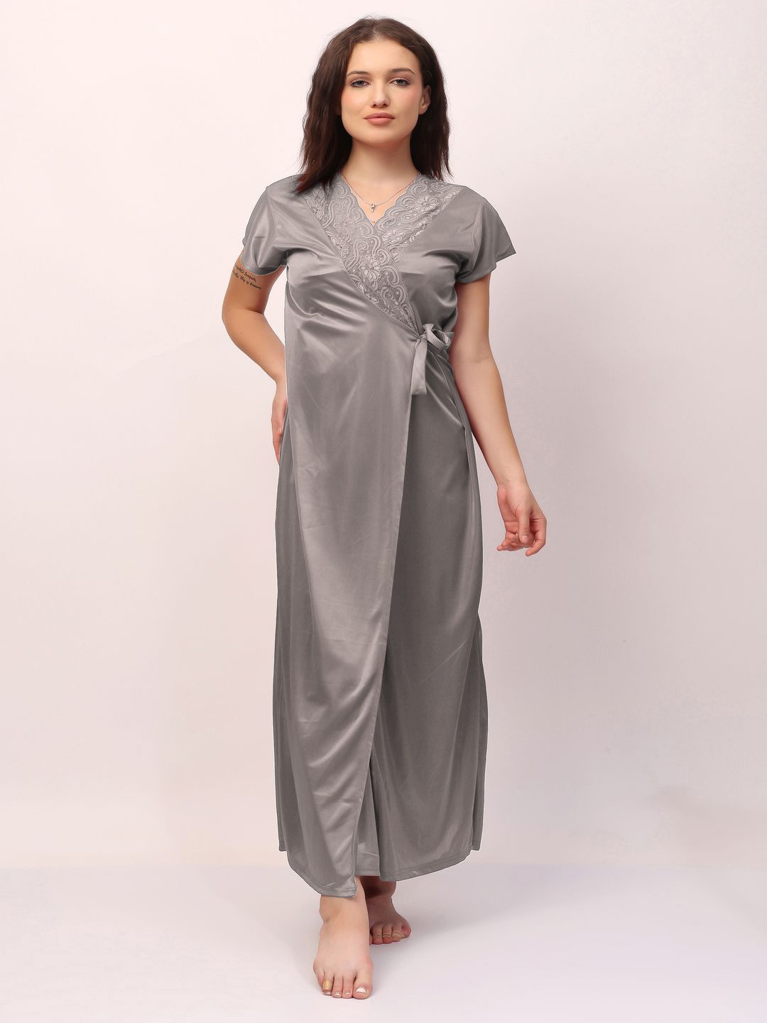 

CHUI MUI Women Shoulder Straps Maxi Wrap Nightdress, Grey