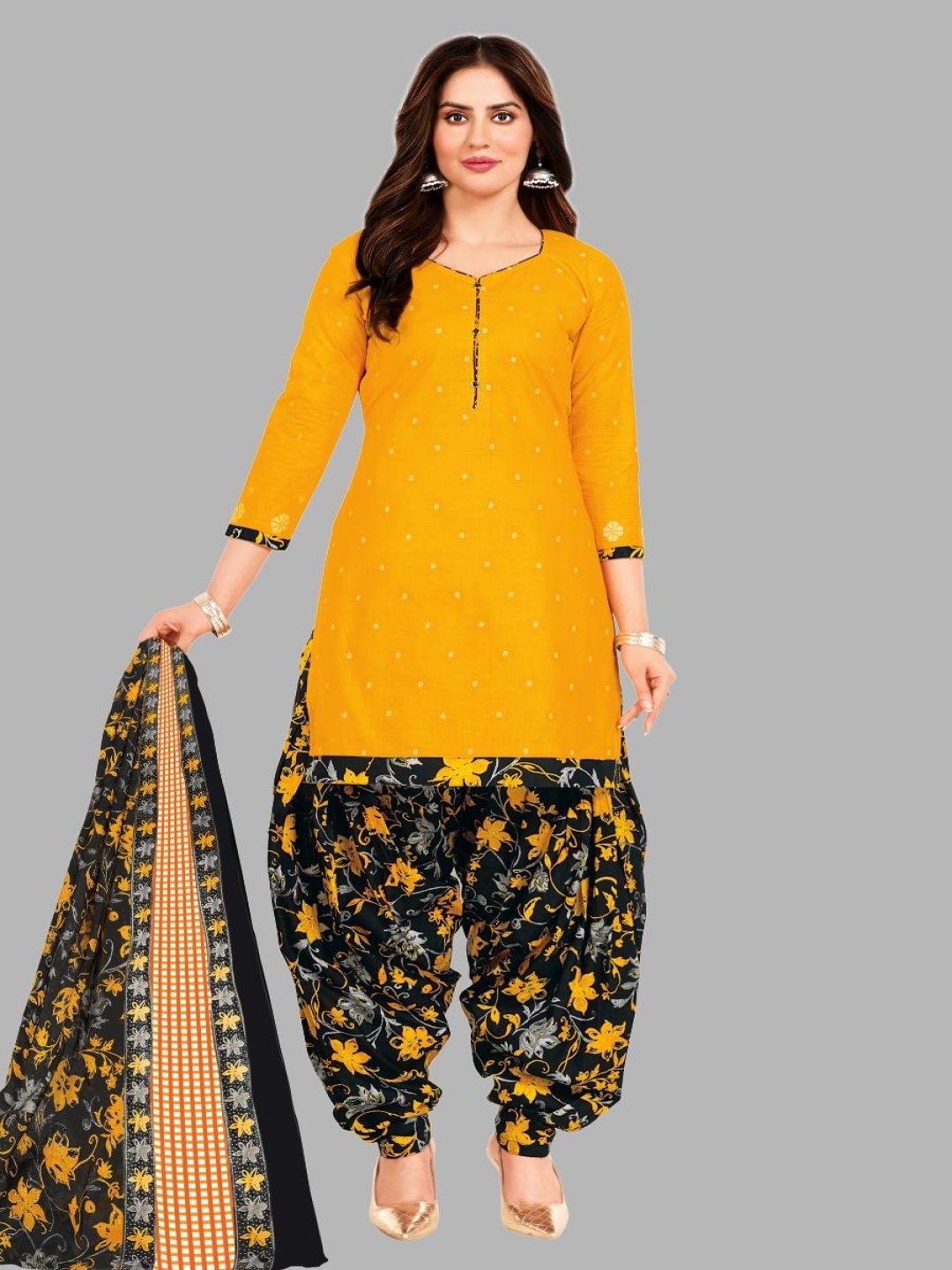 

shree jeenmata collection Printed Pure Cotton Unstitched Dress Material, Yellow