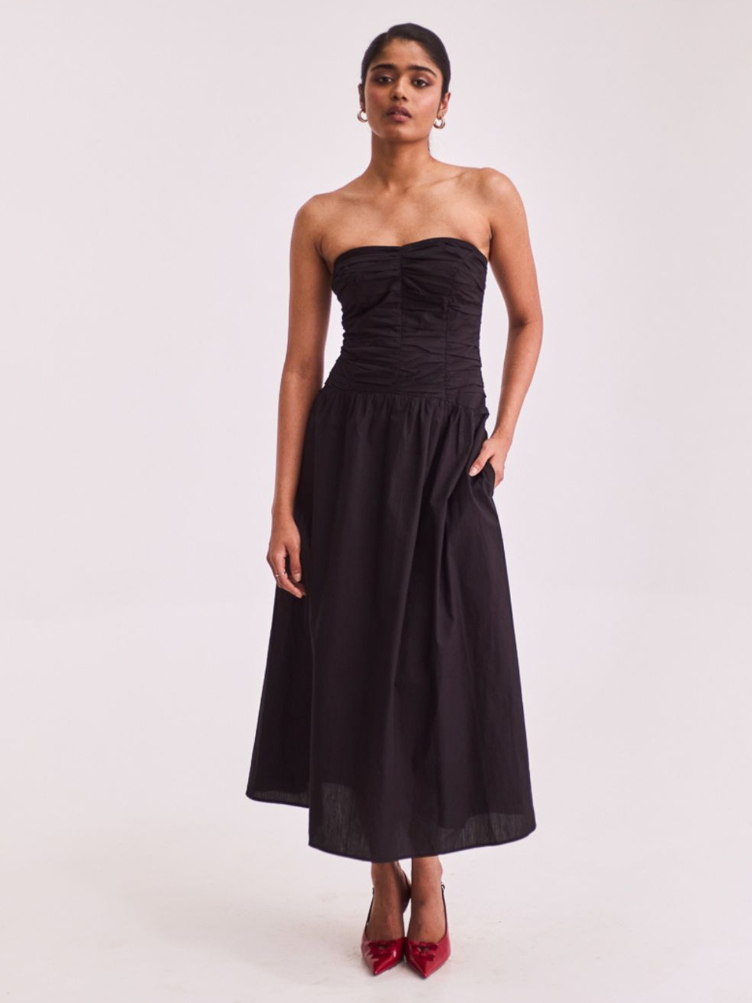 

Urban Suburban Women Strapless Cotton Bandeau Midi Dress, Black