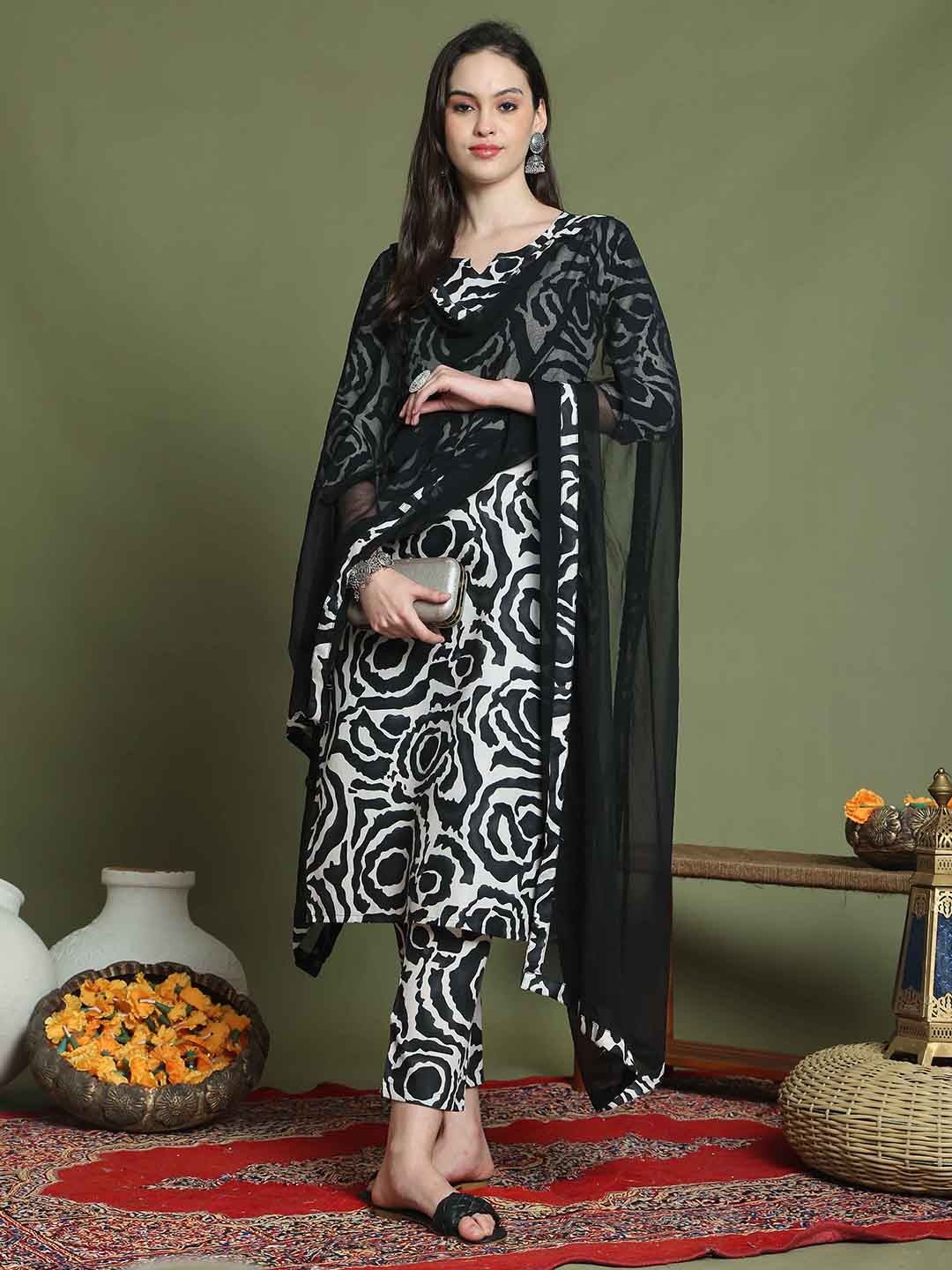 

KALINI Floral Printed Notch Neck Straight Kurta With Trouser And Dupatta, Black