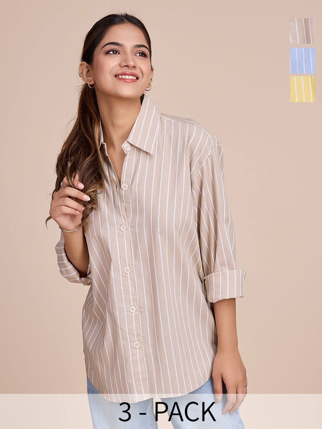 

HOUSE OF MIRA Women Pack Of 3 Classic Oversized Fit Vertical Striped Cotton Casual Shirts, Beige