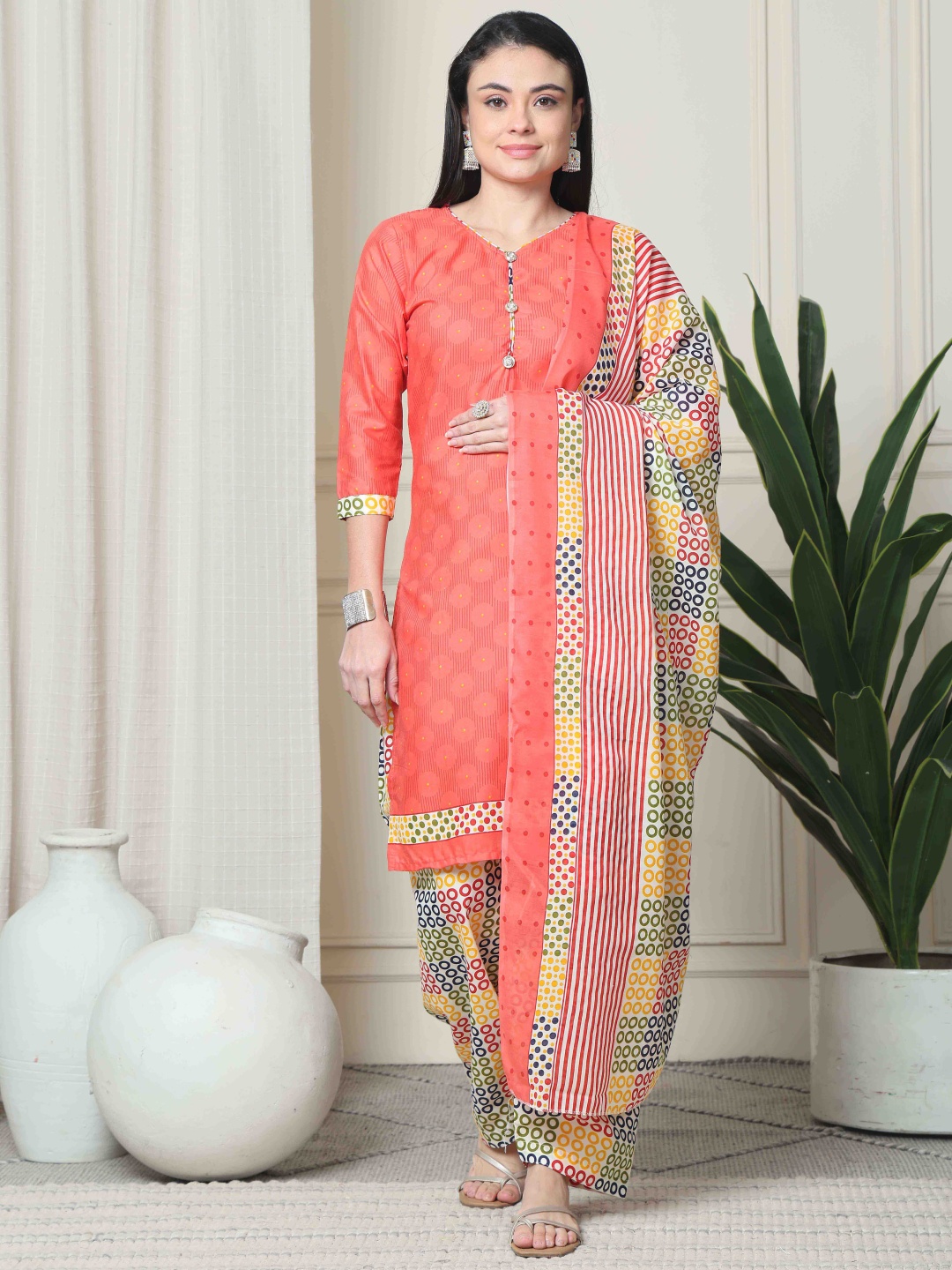 

Roly Poly Geometric Printed V-Neck Straight Kurta with Salwar And Dupatta, Peach