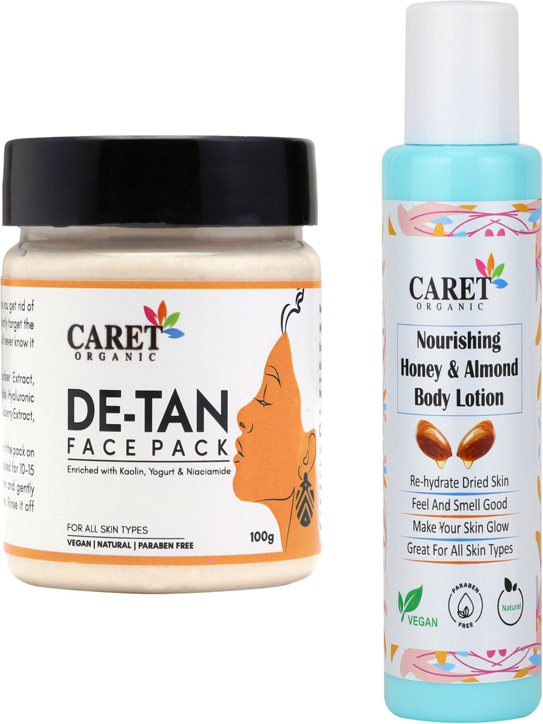 

CARET ORGANIC Set Of 2 De-Tan Face Pack & Honey & Almond Body Lotion - 100 ml Each, White