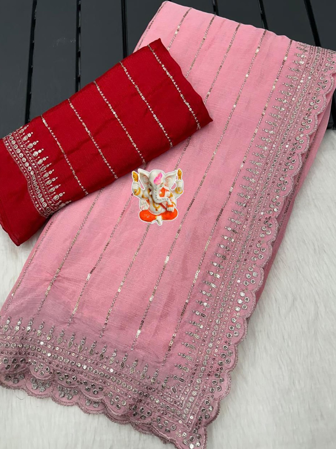 

PAYAL CREATION Striped Sequinned Pure Georgette Saree, Pink