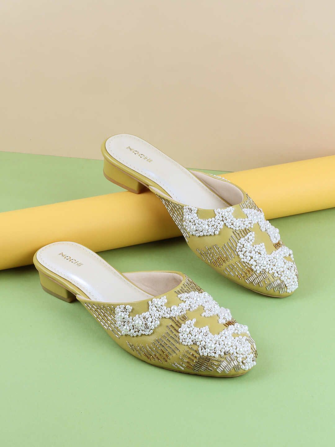 

Mochi Women Woven Design Mules Flats, Yellow