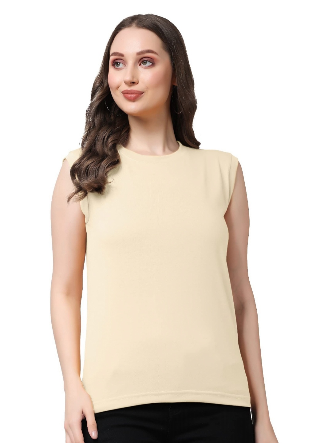 

NOTWILD Women Solid Round Neck Cotton T-shirt, Beige