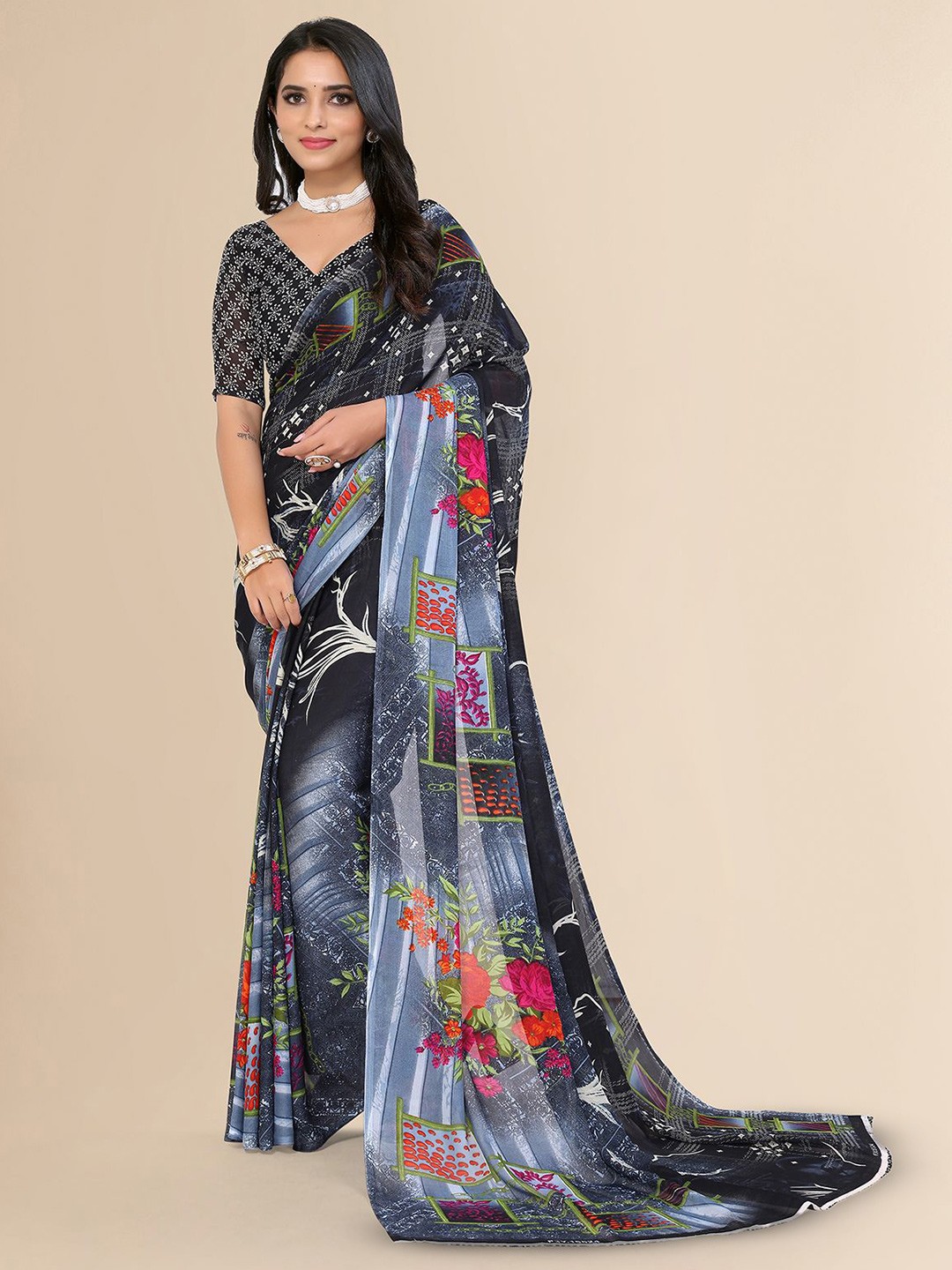 

Moda Rapido Floral Printed Saree, Grey