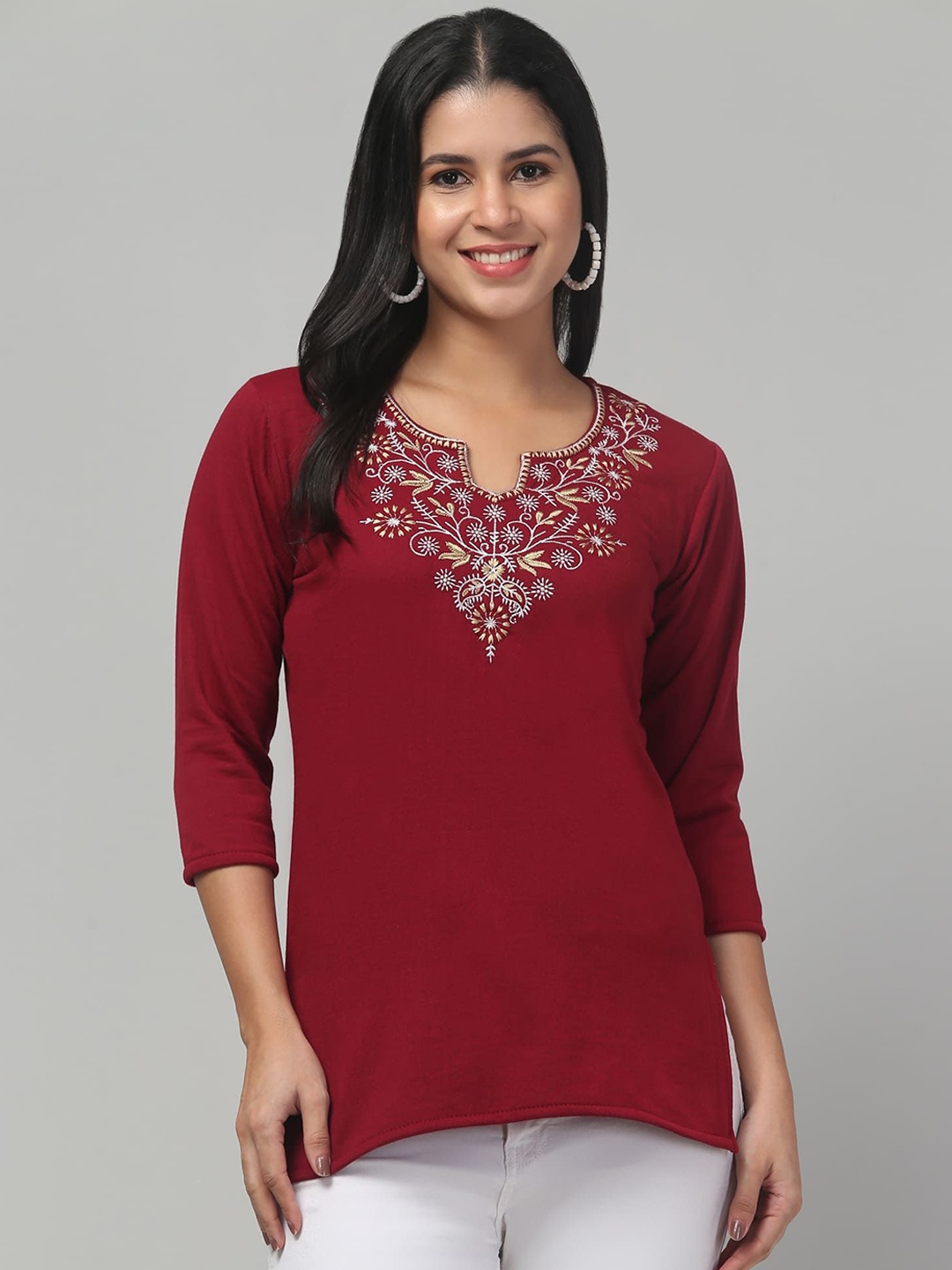 

FAMBEE Women Embroidered Thread Work Woollen Kurta, Maroon