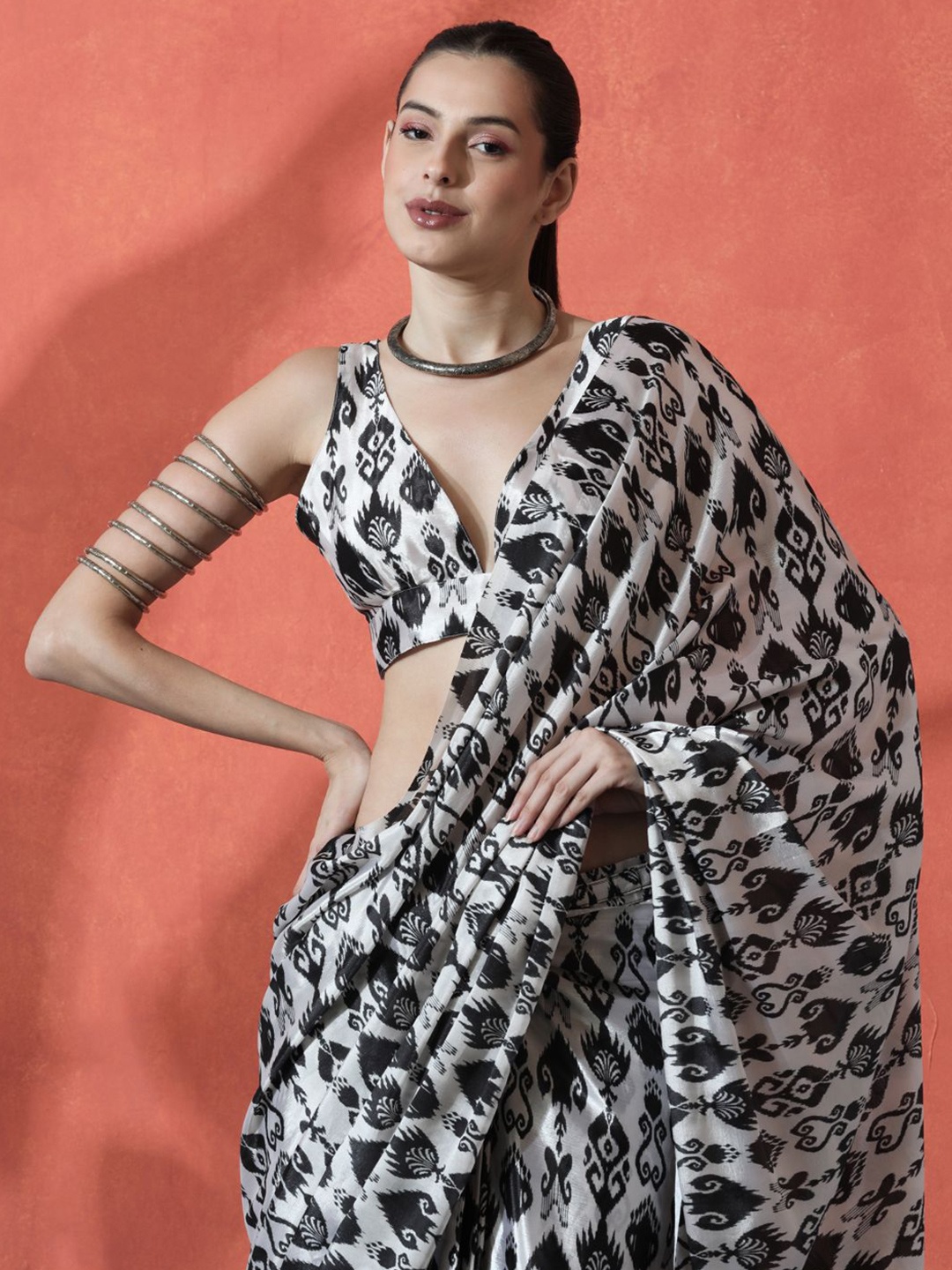 

Sangria Ready to wear Satin Floral Digital Printed Saree, Black
