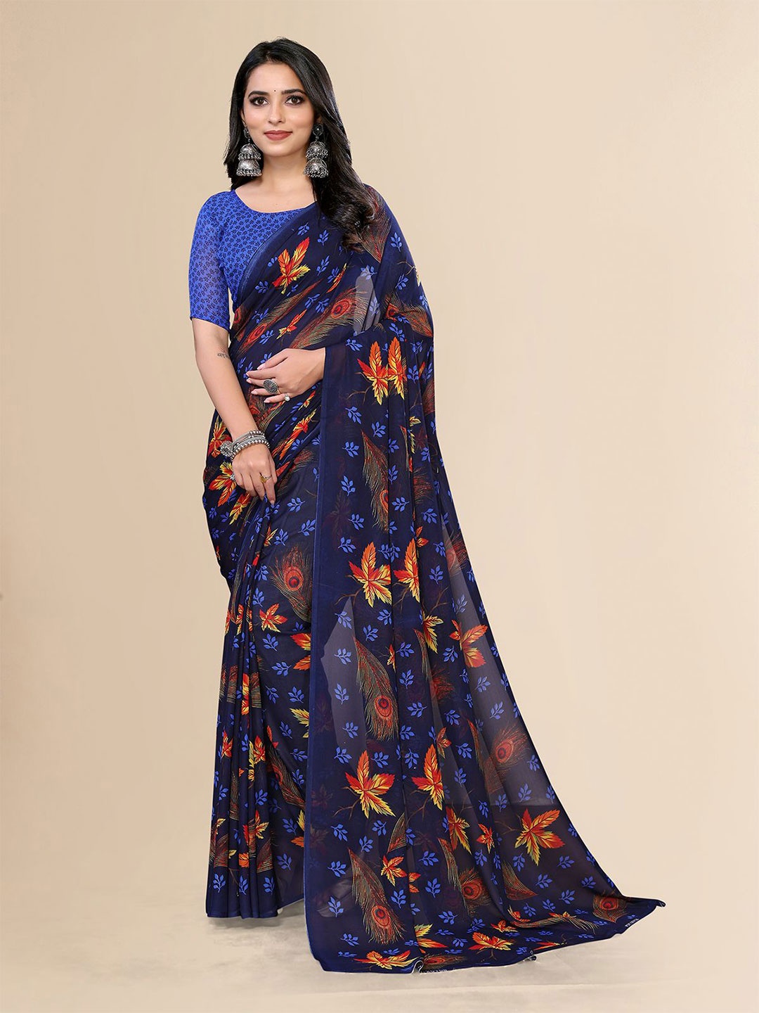 

Moda Rapido Floral Printed Saree With Unstiched Blouse Piece, Blue