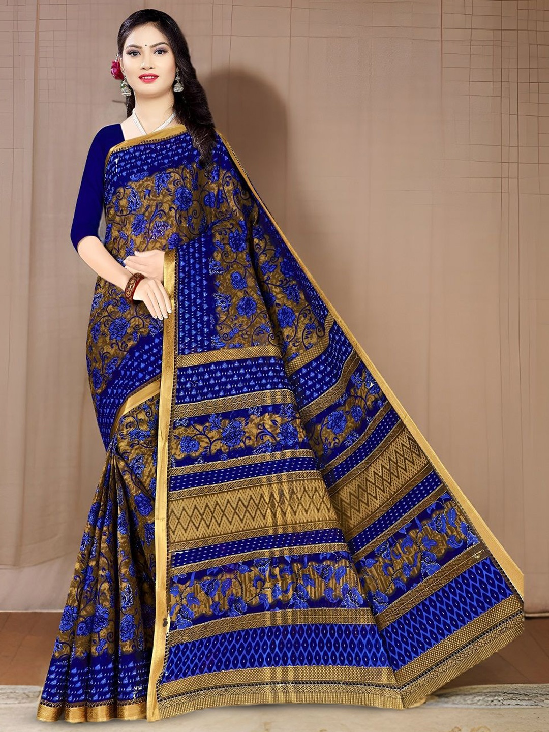 

VEERJI SAREES Floral Printed Pure Cotton Gadwal Saree, Navy blue