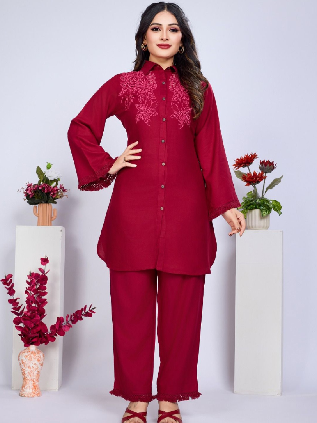 

Kaftanize Embroidered Shirt Collar Top With Trousers, Red