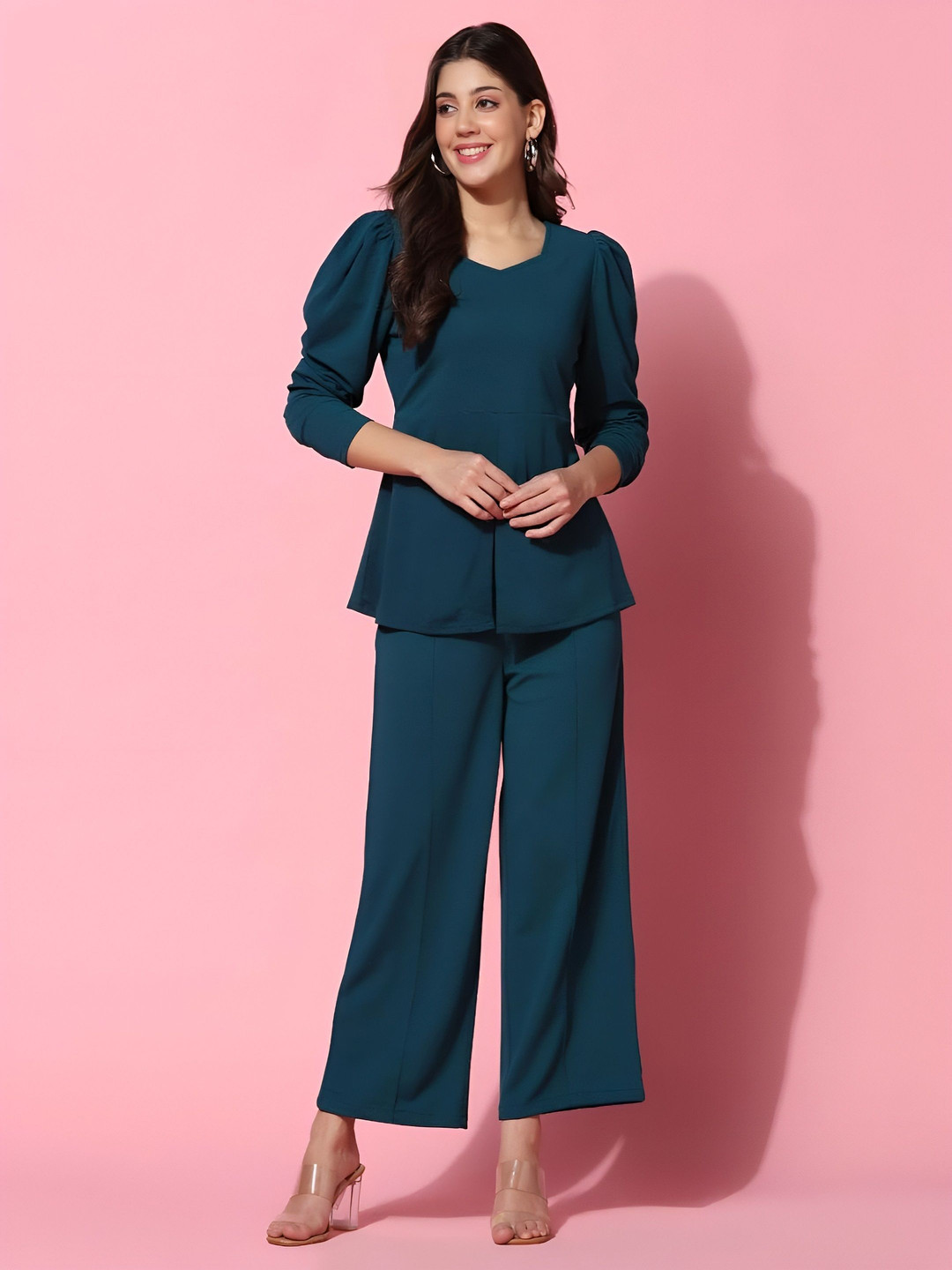 

Fashion FRICKS Women Solid Top With Trousers Co-ords, Blue