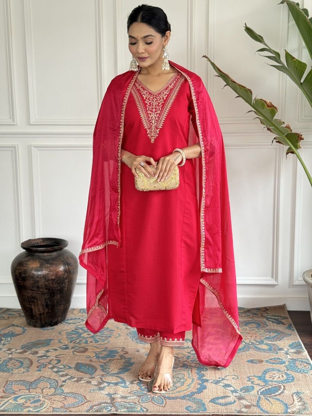 

KAUTIK FABRICS Floral Yoke Design Chanderi Silk Straight Kurta With Trousers And Dupatta, Red