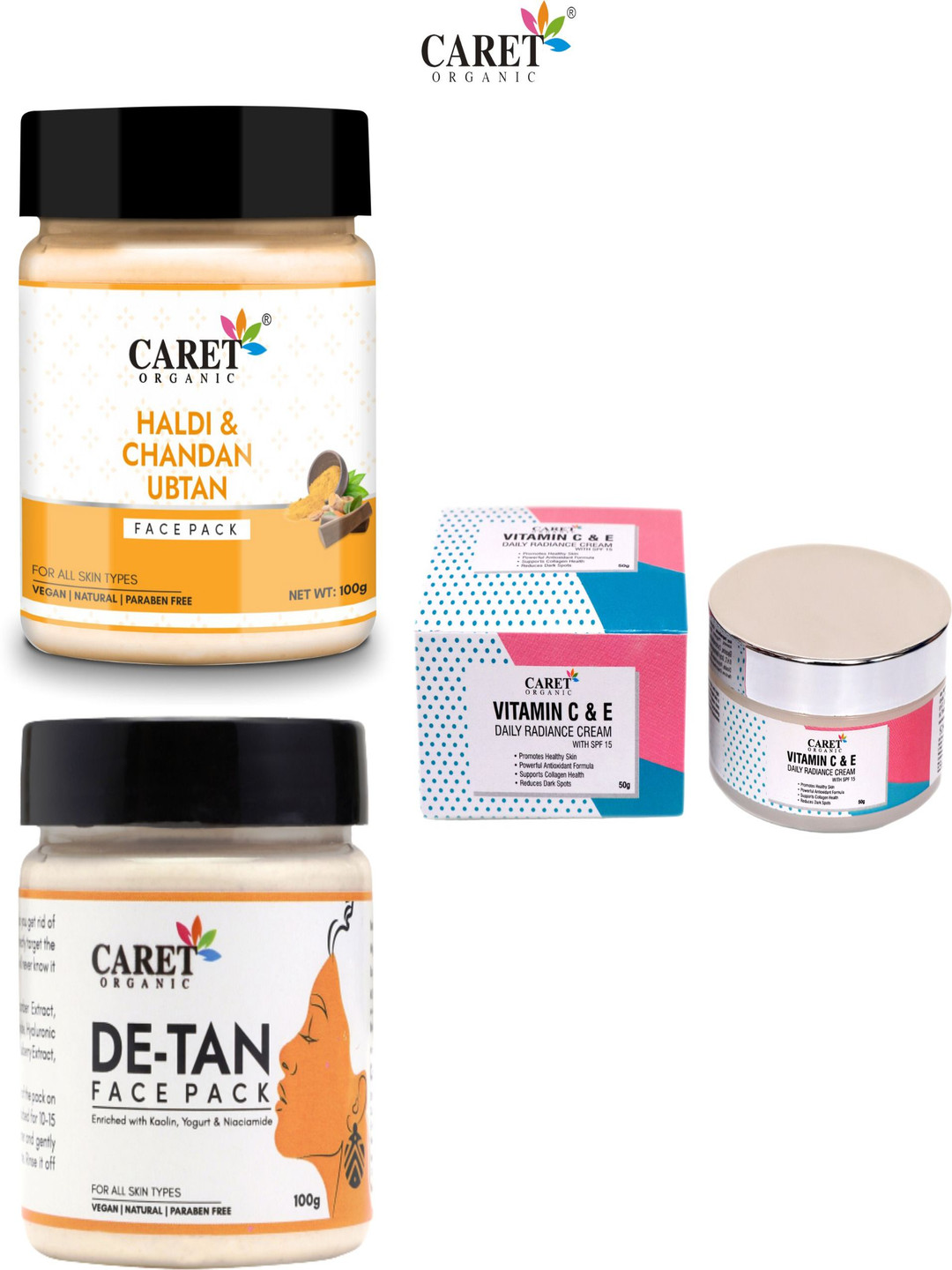 

CARET ORGANIC Set Of 3 Radiance Cream - 50 g, Chandan & De-Tan Face Pack - 100 g Each, White
