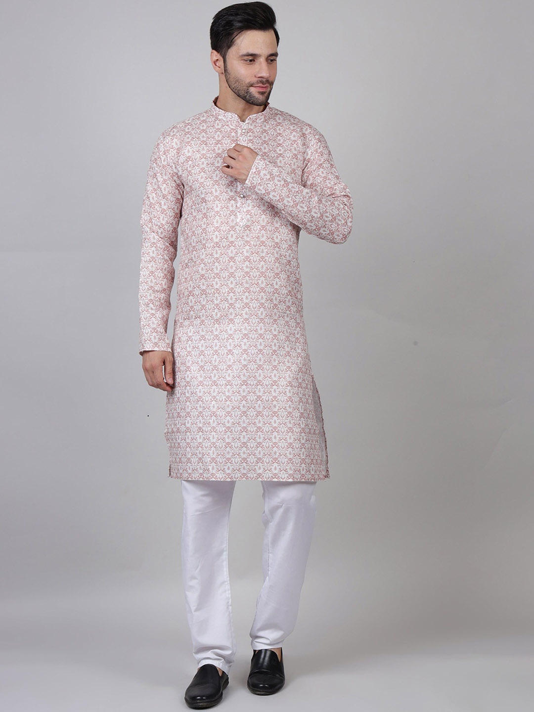 

John Philips Ethnic Motifs Woven Design Band Collar Straight Kurta, Peach