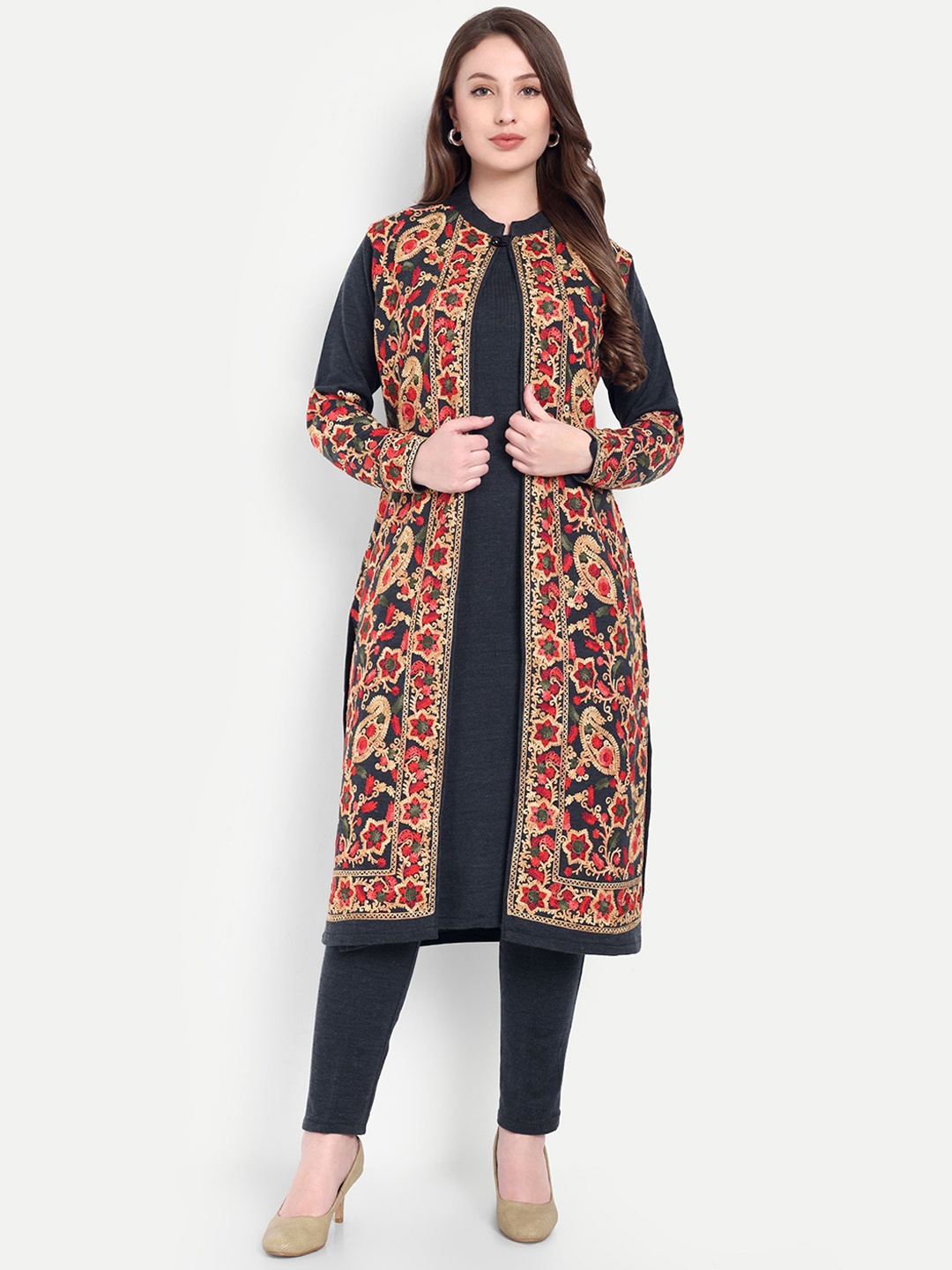 

HAUTEMODA Women Regular Pure Wool Kurta with Trousers, Grey