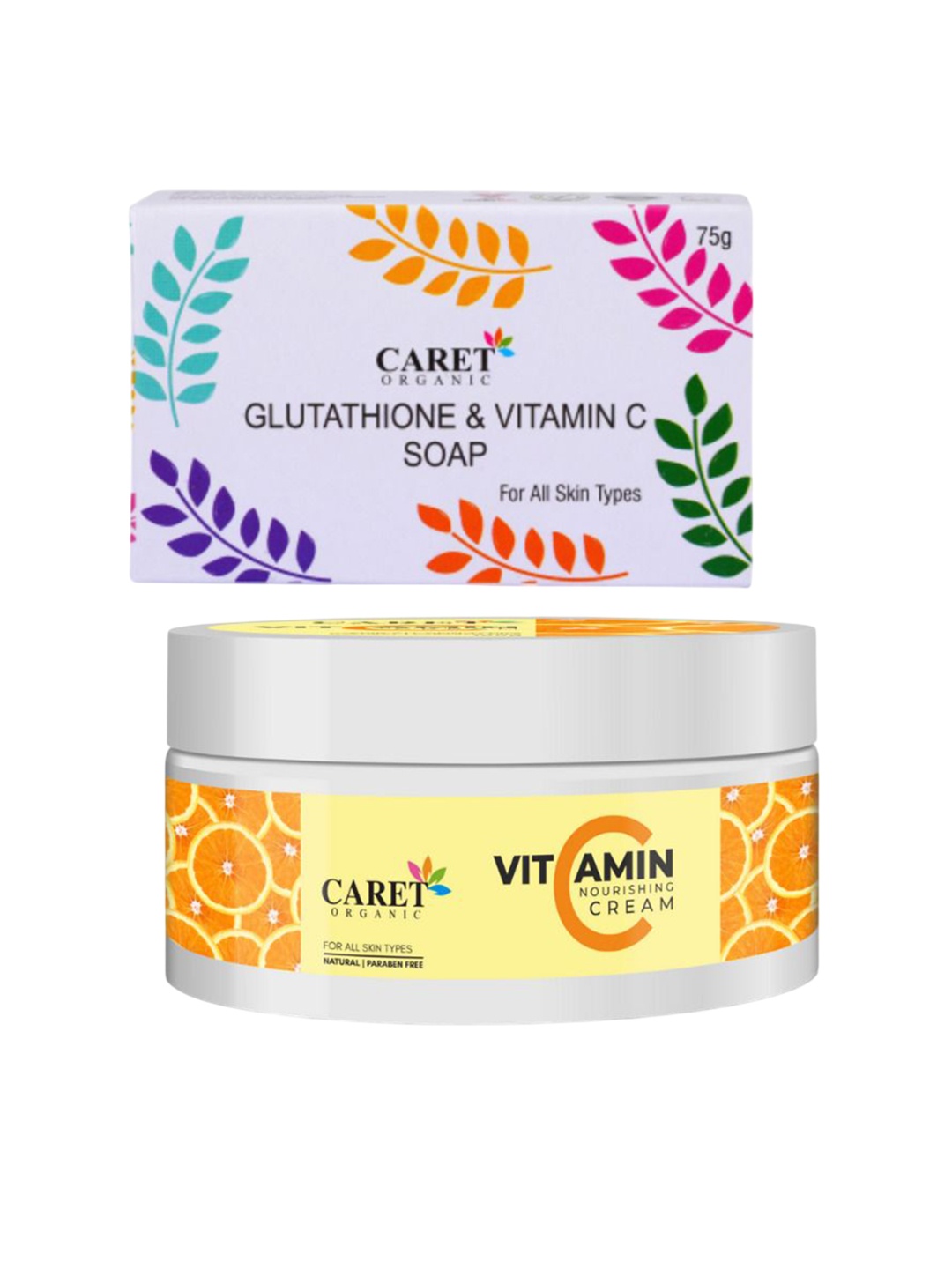 

CARET ORGANIC Set Of 2 Vitamin C Glutathione Soap - 75 g & Nourishing Cream - 100 g, White