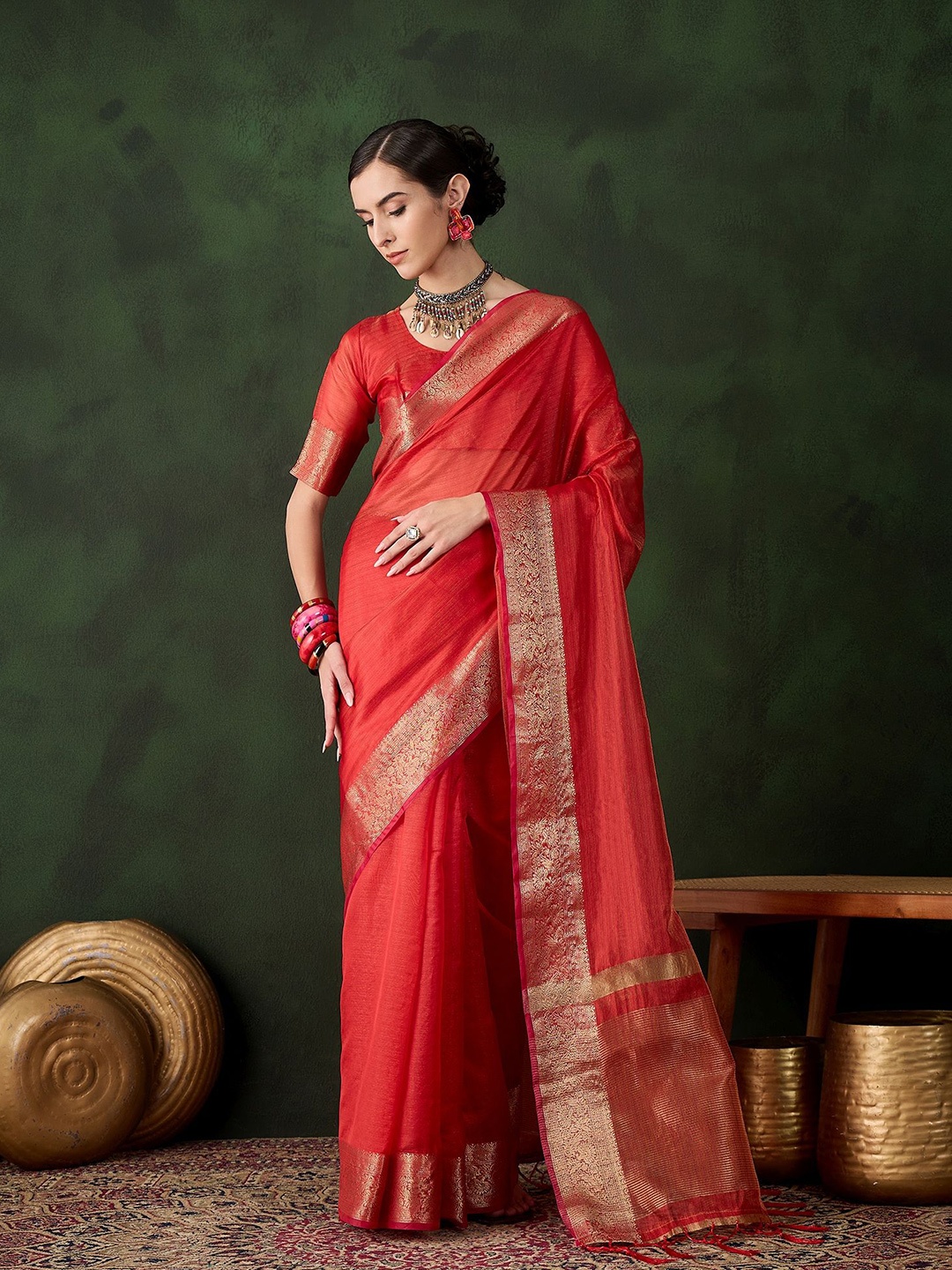 

KALINI Striped Zari Organza Kanjeevaram Saree, Red