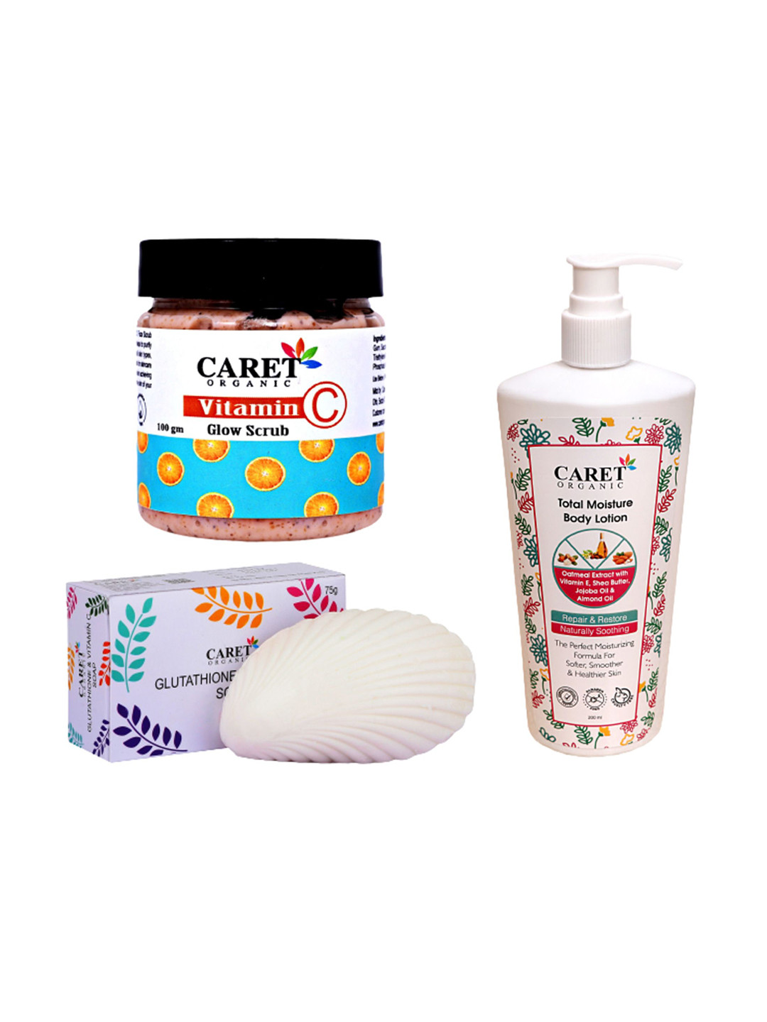 

CARET ORGANIC Set Of 3 Vitamin C Glow Scrub, Gluthathione Soap & Total Moisture Lotion, White