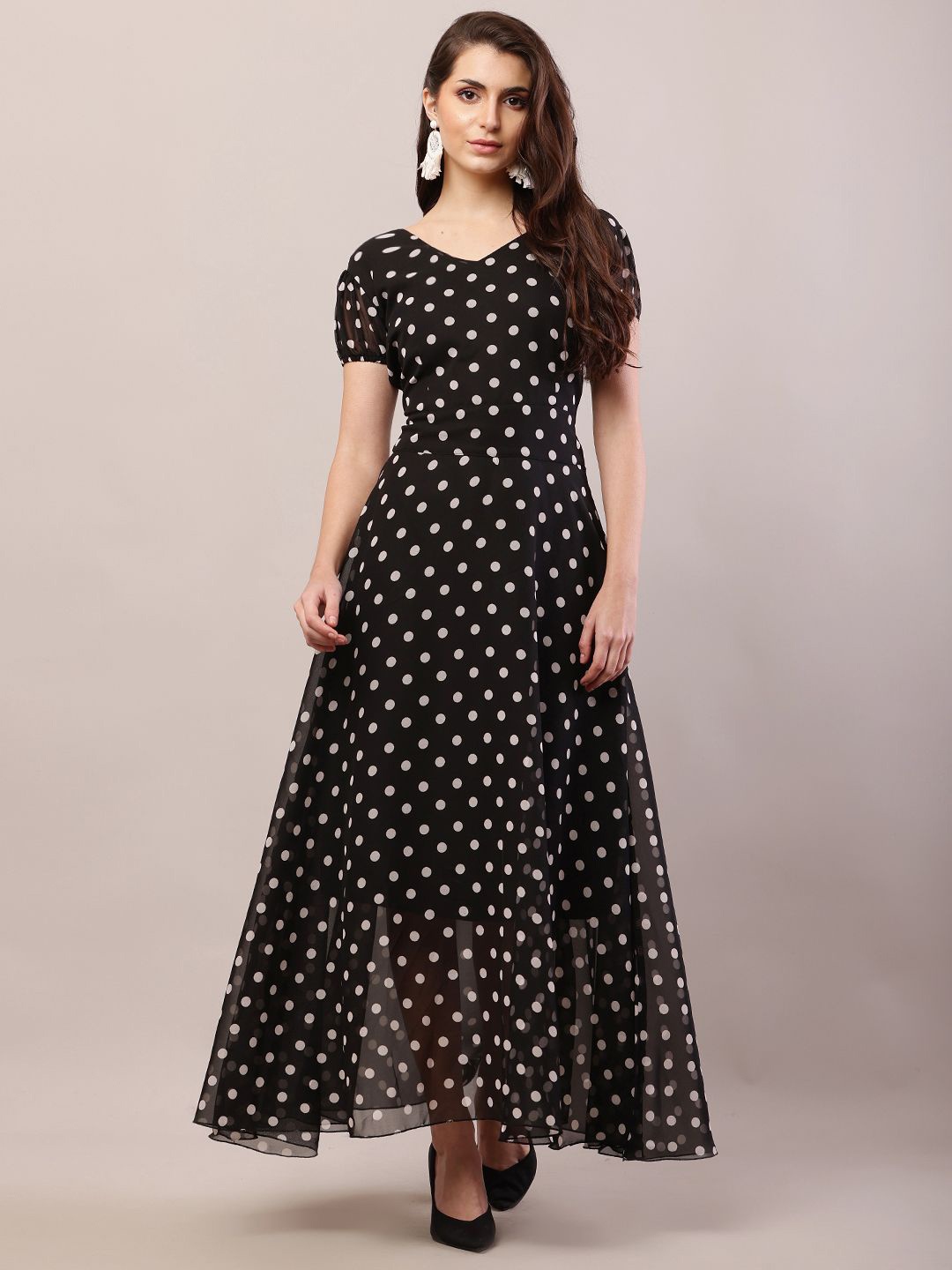 

Raabta Fashion Polka Dot Print Georgette Fit & Flare Maxi Dress, Black