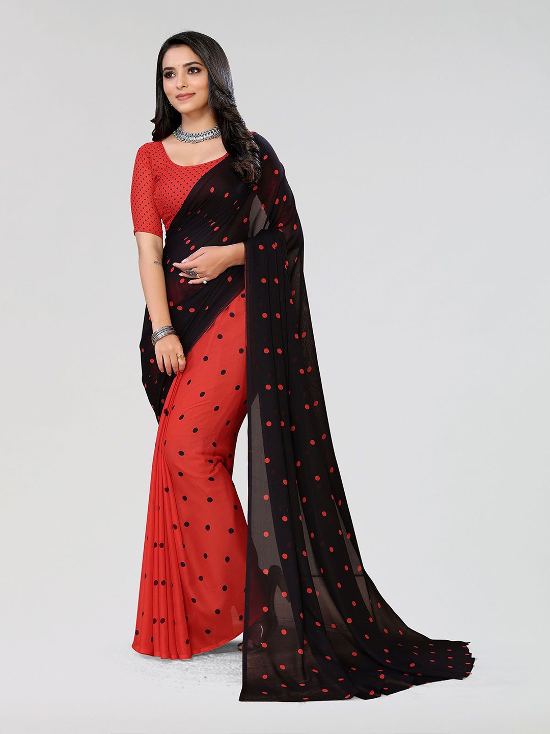 

Moda Rapido Polka Dot Printed Half and Half Saree, Red