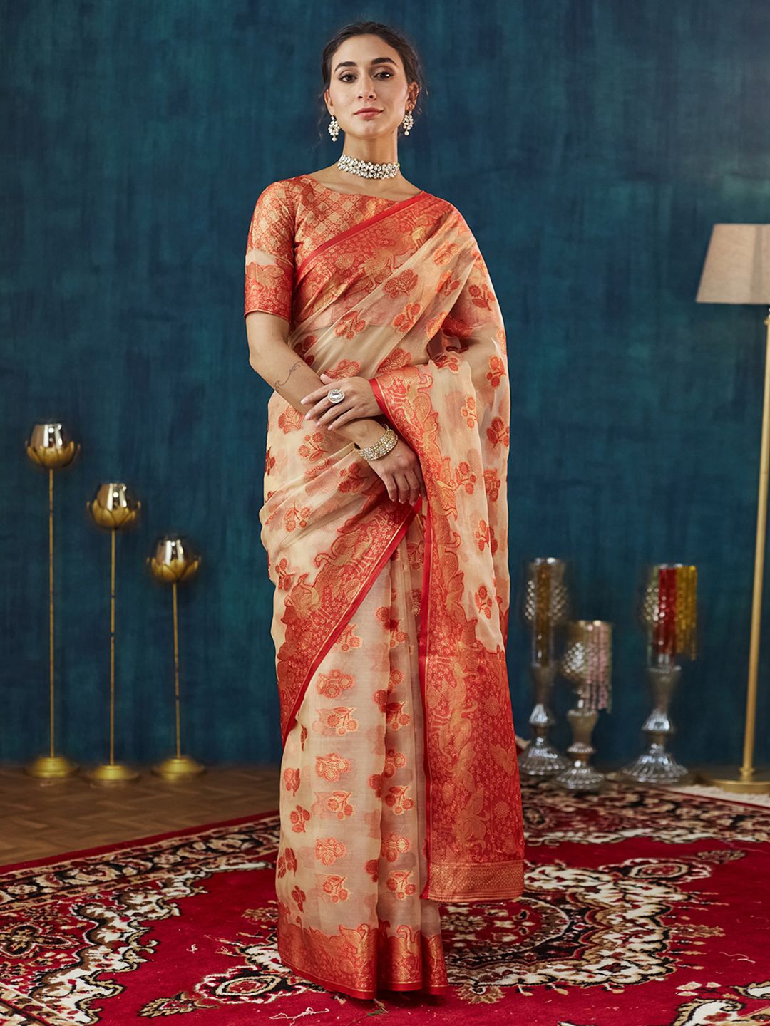 

Satrani Woven Design Zari Organza Saree, Beige