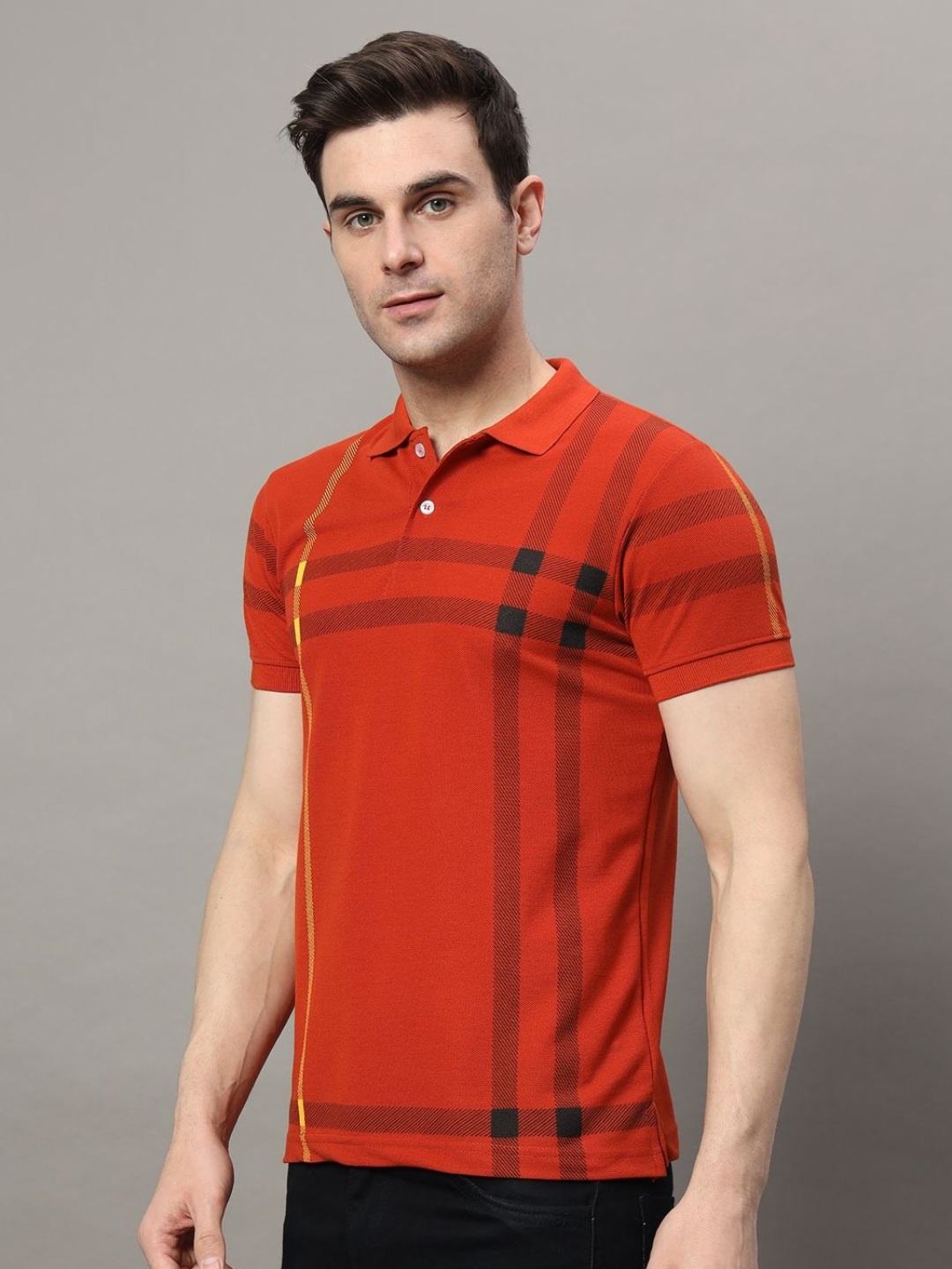 

RELANE Men Striped Polo Collar Cotton T-shirt, Red