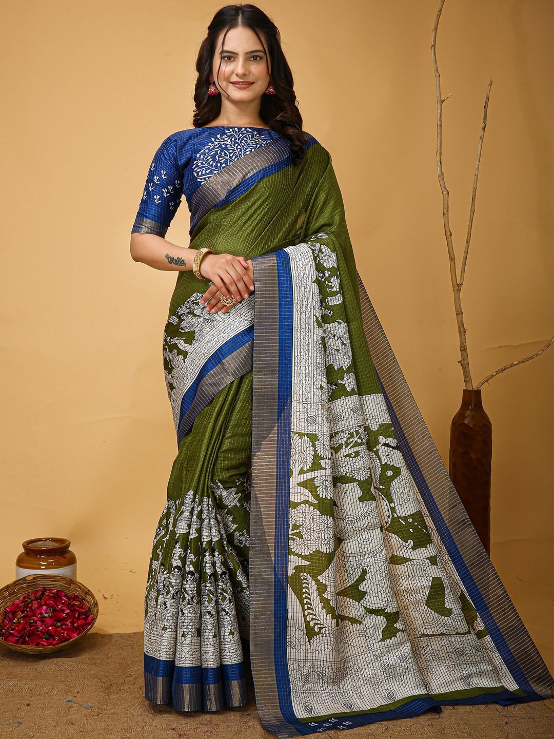 

KALINI Kalamkari Zari Sungudi Saree, Green