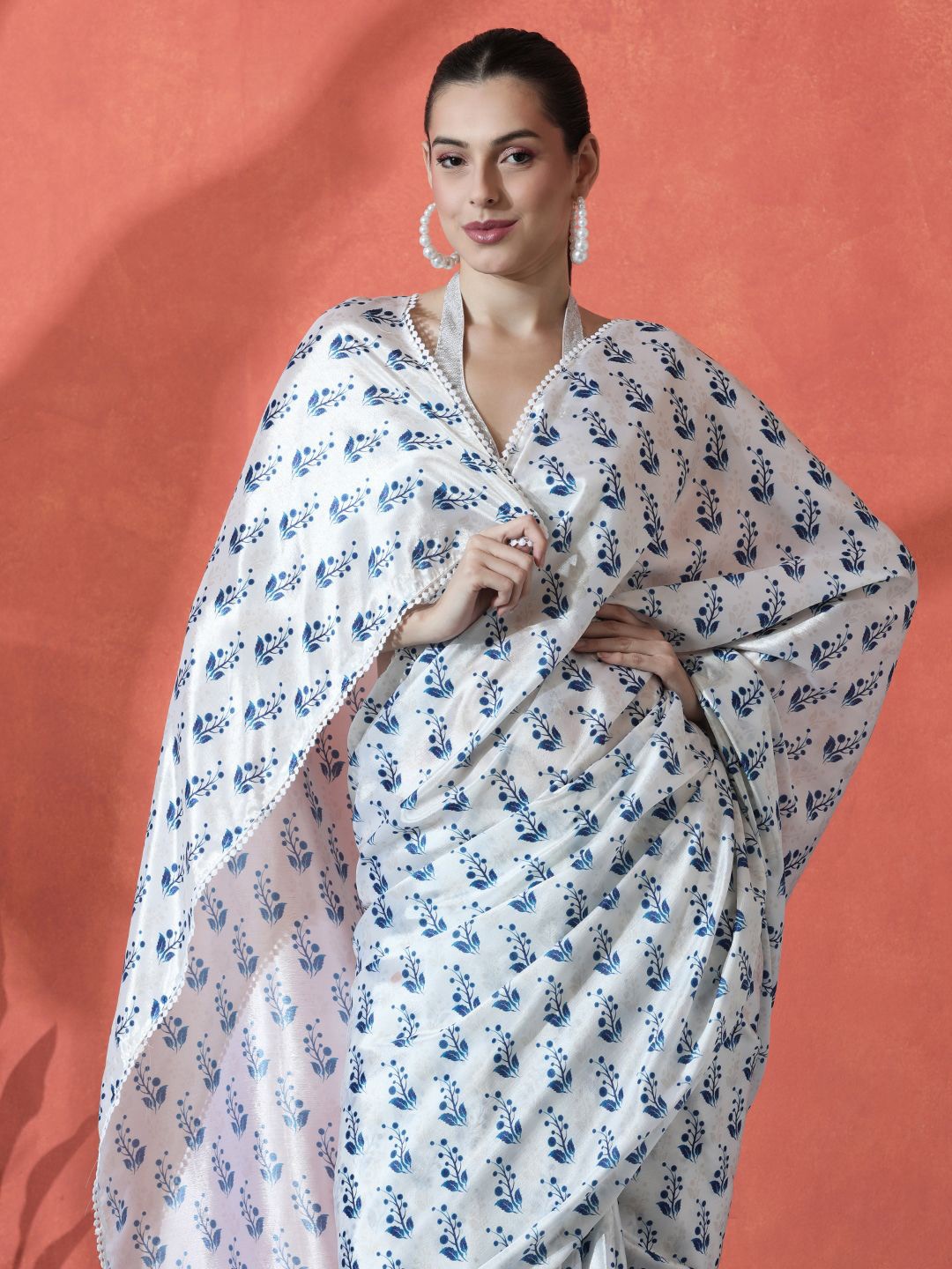 

Sangria Ready to wear Satin Floral Digital Printed Saree, White