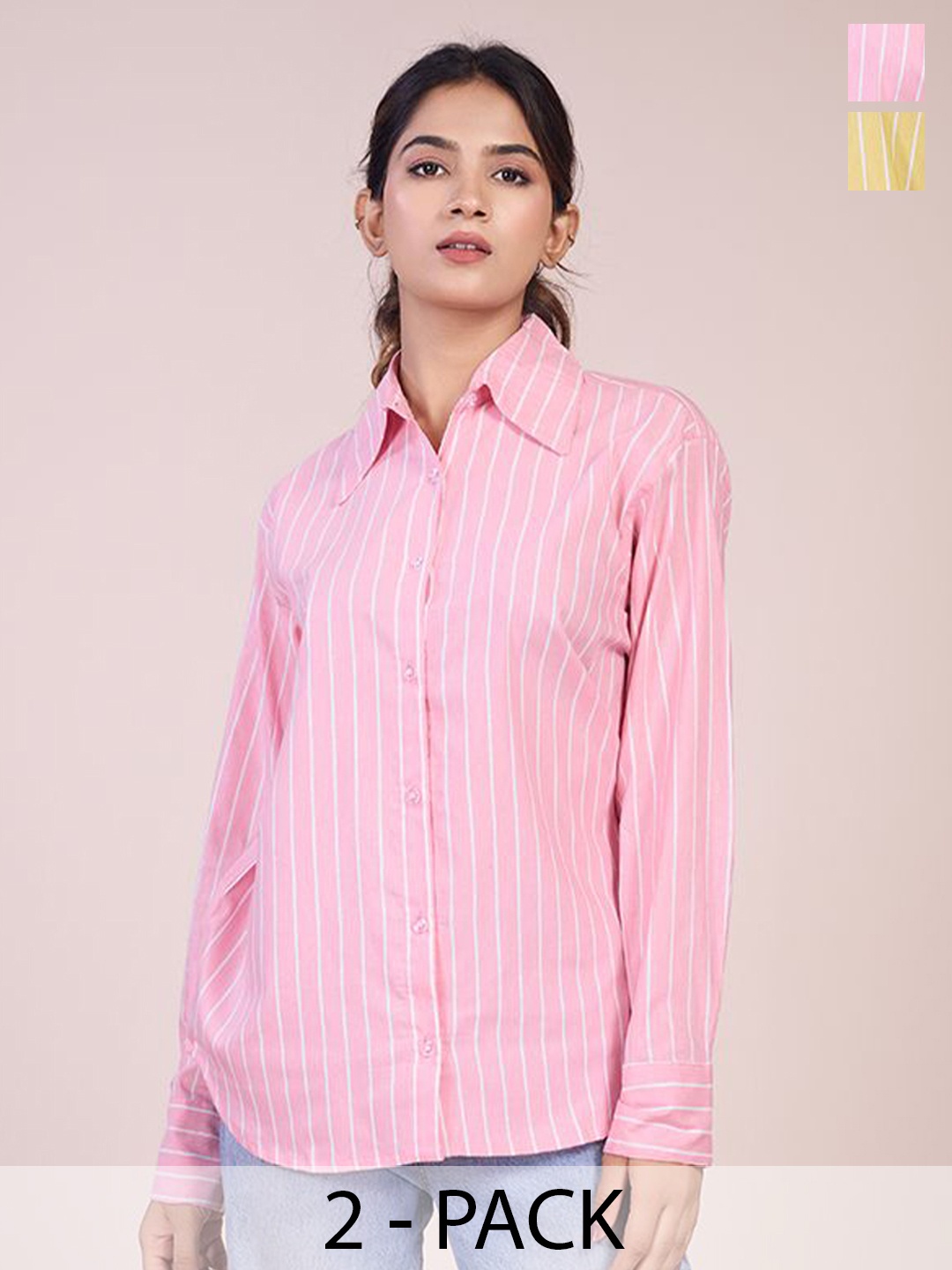 

HOUSE OF MIRA Women Pack Of 2 Classic Oversized Fit Vertical Striped Cotton Casual Shirts, Pink